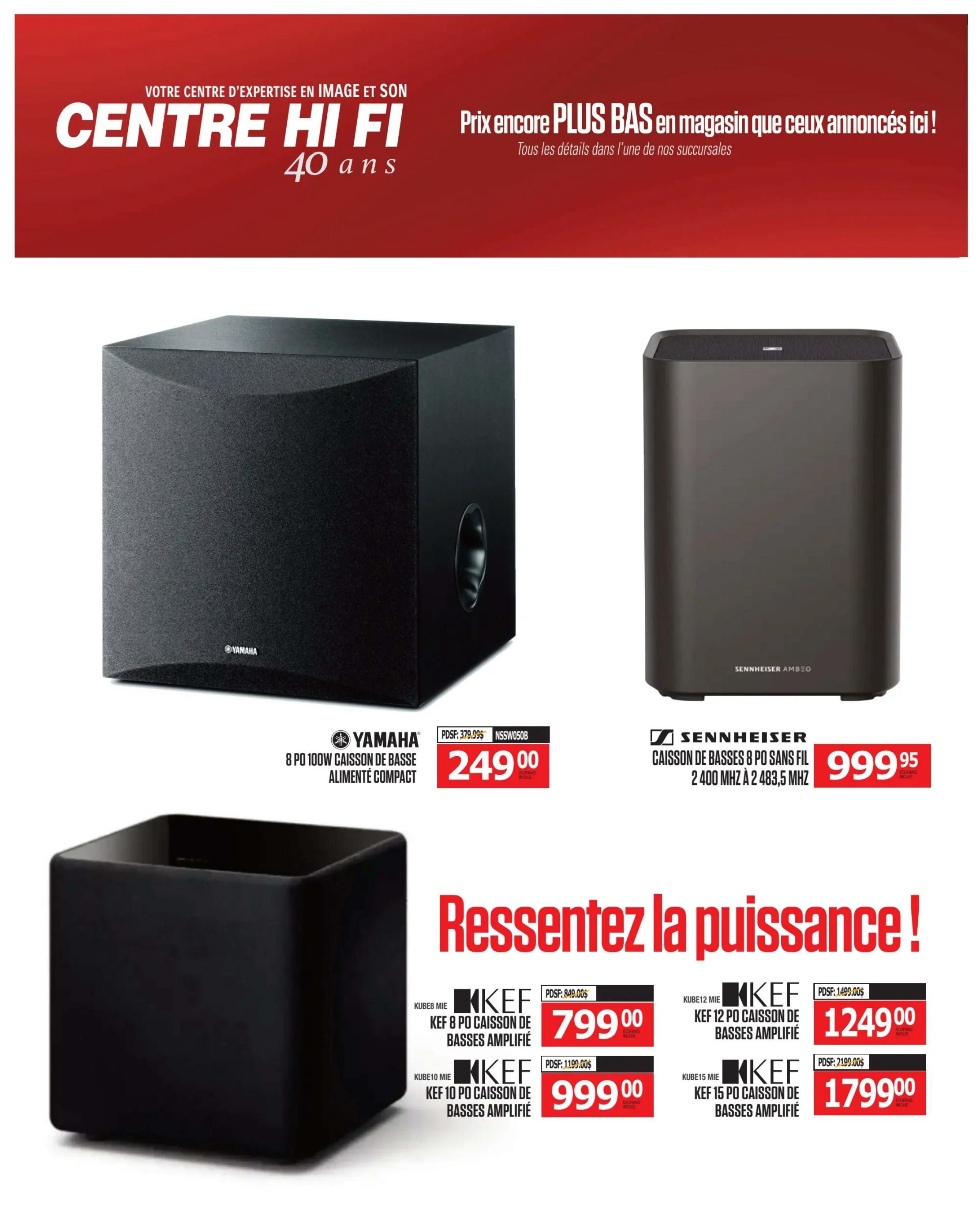 Centre Hi-Fi weekly flyer specials, page 57. Features a Yamaha 8' 100W powered compact subwoofer for $249.00. Also available is a Sennheiser AMBEO 8' wireless subwoofer for $999.95. Below, KEF subwoofers are on sale: KEF Kube 8' powered subwoofer for $799.00, KEF Kube 10' powered subwoofer for $999.00, KEF Kube 12' powered subwoofer for $1249.00, and KEF Kube 15' powered subwoofer for $1799.00.