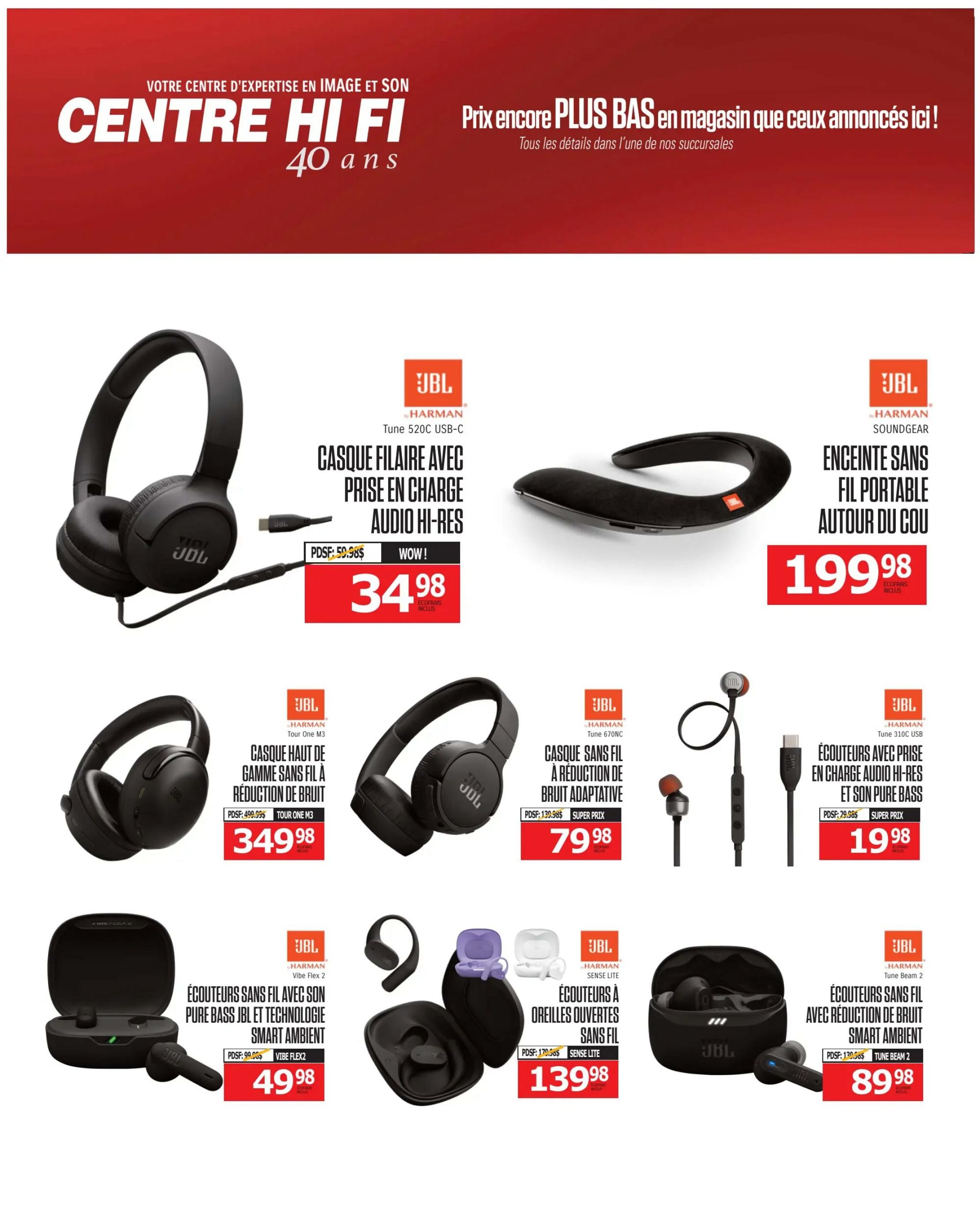 Centre Hi-Fi weekly flyer specials page 62 features a variety of JBL audio products. Highlighted items include the JBL Tune 520C USB-C wired on-ear headphones with hi-res audio for $34.98, originally $59.98. Also featured is the JBL Soundgear portable neck speaker for $199.98. Other deals include JBL Tour One M3 noise-cancelling over-ear headphones at $349.98, JBL Tune 670NC adaptive noise-cancelling wireless on-ear headphones for $79.98, and JBL Tune 310C wired earbuds with hi-res audio and pure bass for $19.98. Additionally, JBL Vibe Flex 2 true wireless earbuds with pure bass and smart ambient technology are available for $49.98, and JBL Sense Lite open-ear wireless earbuds are priced at $139.98. Finally, JBL Tune Beam 2 true wireless earbuds with smart ambient noise reduction are on sale for $89.98.