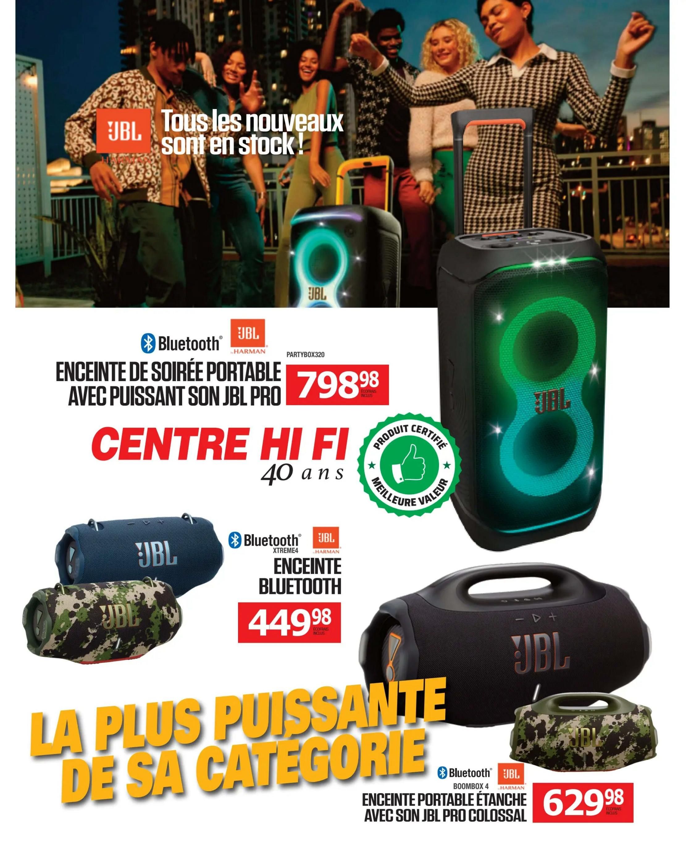 Centre Hi-Fi weekly flyer specials page 69 features a selection of JBL portable speakers. The top section showcases the JBL PartyBox 320 portable party speaker with powerful JBL Pro sound for $798.98. Below, the JBL Xtreme 4 Bluetooth speaker is available for $449.98. The largest graphic highlights the phrase 'The most powerful in its category' and features the JBL Boombox 4 portable waterproof speaker with colossal JBL Pro sound, priced at $629.98. The flyer also celebrates Centre Hi-Fi's 40 years of business.