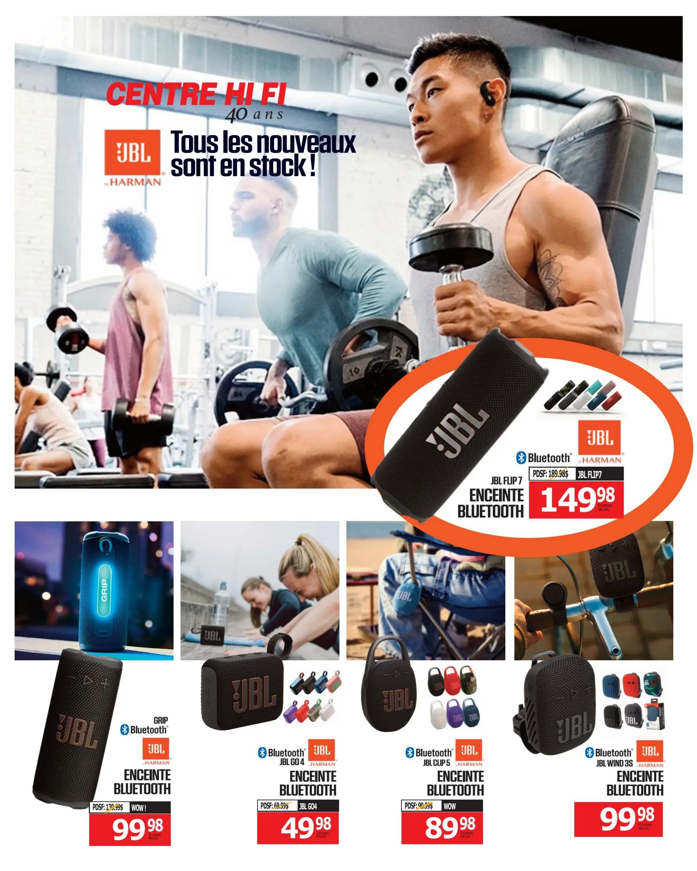 Centre Hi-Fi flyer page 70 features a selection of JBL Bluetooth speakers. The main featured item is the JBL FLIP 7 Bluetooth speaker, available for $149.98, with a previous price of $189.98. Other featured products include the JBL GRIP Bluetooth speaker for $99.98 (originally $139.98), the JBL GO 4 Bluetooth speaker for $49.98 (originally $69.99), the JBL CLIP 5 Bluetooth speaker for $89.98 (originally $99.99), and the JBL WIND 3S Bluetooth speaker for $99.98. The page also highlights that new JBL products are in stock, celebrating 40 years of Centre Hi-Fi.