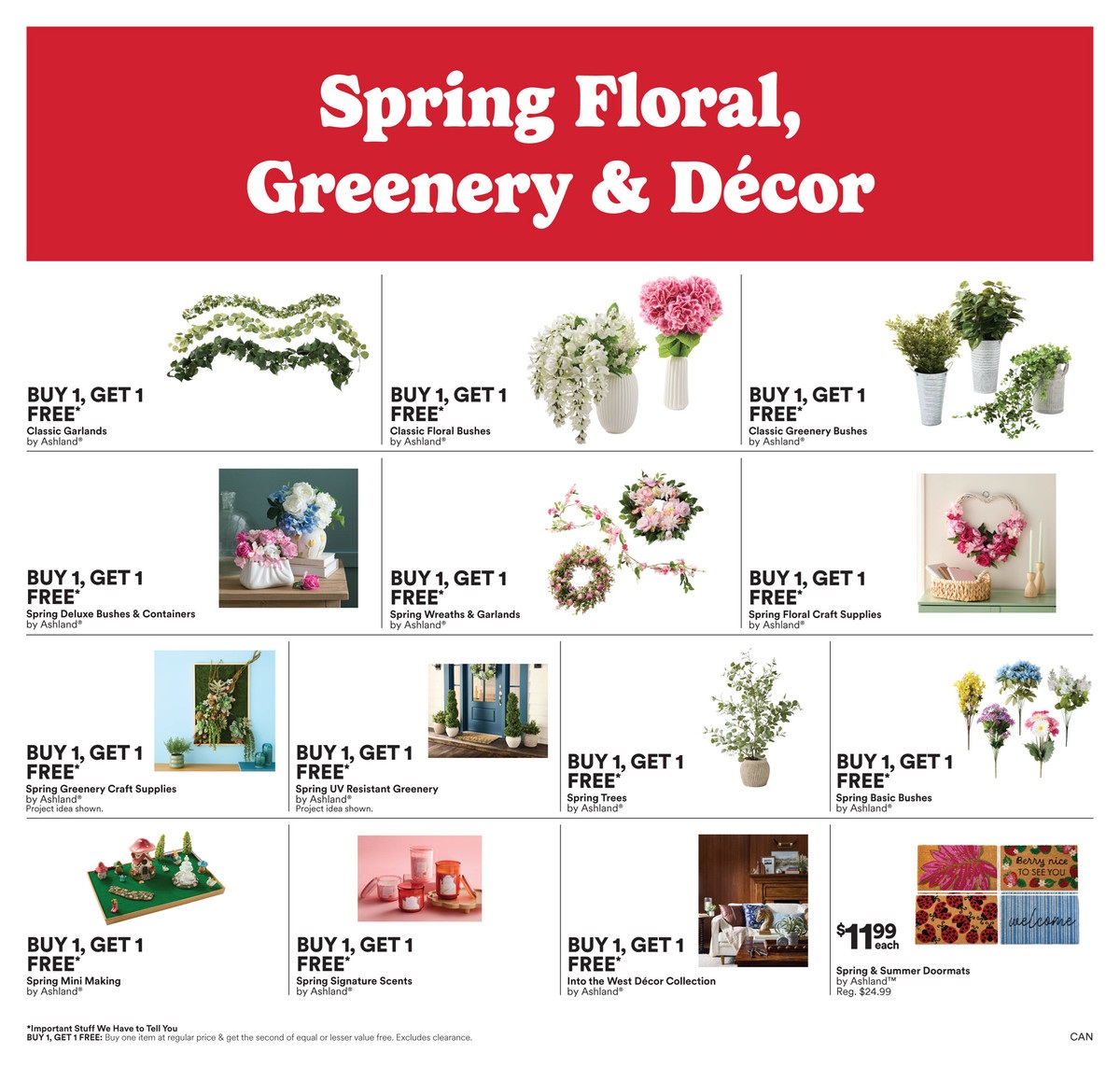 Michaels flyer page 2 features 'Spring Floral, Greenery & Décor' with multiple Buy 1, Get 1 FREE offers. Deals include Classic Garlands, Classic Floral Bushes, Classic Greenery Bushes, Spring Deluxe Bushes & Containers, Spring Wreaths & Garlands, Spring Floral Craft Supplies, Spring Greenery Craft Supplies, Spring UV Resistant Greenery, Spring Trees, Spring Basic Bushes, Spring Mini Making, Spring Signature Scents, and Into the West Décor Collection, all by Ashland. Also featured are Spring & Summer Doormats by Ashland for $11.99 each, regularly $24.99. A disclaimer states 'Important Stuff We Have to Tell You: BUY 1, GET 1 FREE: Buy one item at regular price & get the second of equal or lesser value free. Excludes clearance.
