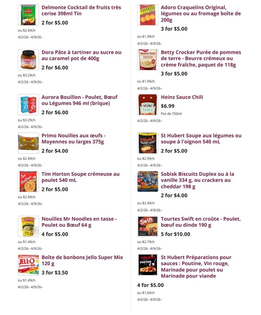 Mike Dean Local Grocer weekly flyer specials, page 7. Featured items include Delmonte Cocktail of fruits 398ml tin, 2 for $5.00; Adoro Original Crackers, vegetable or cheese flavour 200g, 3 for $5.00; Dora Spreadable cream or caramel pot 400g, 2 for $6.00; Betty Crocker Mashed Potatoes, creamy butter or fresh cream flavour, 118g package, 3 for $5.00; Aurora Broth - Chicken, Beef or Vegetable 946ml carton, 2 for $6.00; Heinz Chili Sauce, 750ml pot, $6.99; Primo Noodles - Medium or Large 375g, 2 for $4.00; St Hubert Vegetable Soup or Onion Soup 540ml, 2 for $5.00; Tim Hortons Creamy Chicken Soup 540ml, 2 for $5.00; Sobisk Duplex Biscuits or Cheddar Crackers 198g, 2 for $4.00; Mr Noodles Cup Noodles - Chicken or Beef 64g, 4 for $5.00; Swift Pastries - Chicken, Beef or Turkey 190g, 5 for $10.00; Jello Super Mix Gelatin 120g, 3 for $3.50; St Hubert Preparations for sauces: Poutine, Red wine, Marinade for chicken or Marinade for meat, 4 for $5.00.