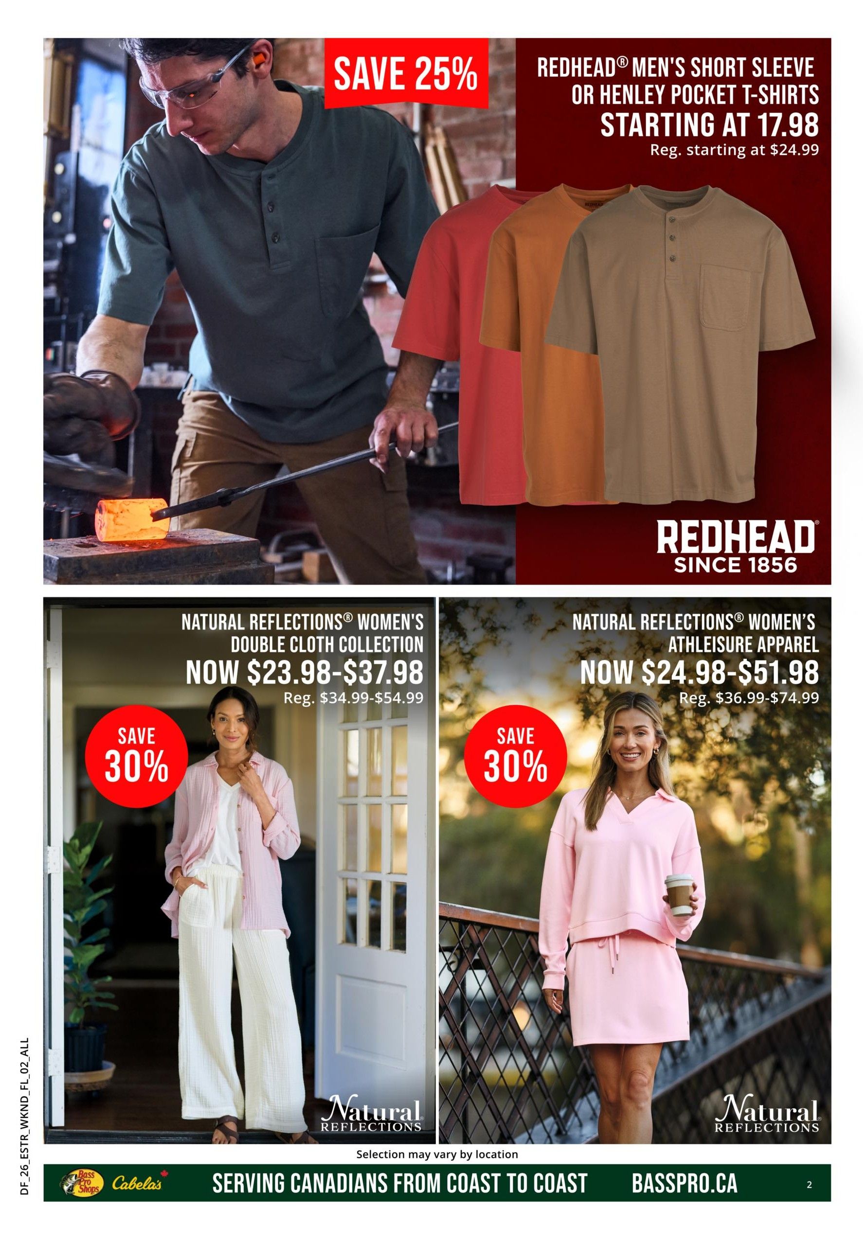 Cabela's Weekly Flyer Specials Page 2. Top section features Redhead men's short sleeve or henley pocket t-shirts on sale, starting at $17.98, with a regular price starting at $24.99, offering a 25% saving. The bottom left showcases Natural Reflections women's double cloth collection, now priced between $23.98 and $37.98, down from the regular price of $34.99-$54.99, a 30% discount. The bottom right highlights Natural Reflections women's athleisure apparel, available from $24.98 to $51.98, reduced from $36.99-$74.99, also with a 30% saving. The flyer emphasizes serving Canadians from coast to coast and includes the website basspro.ca.