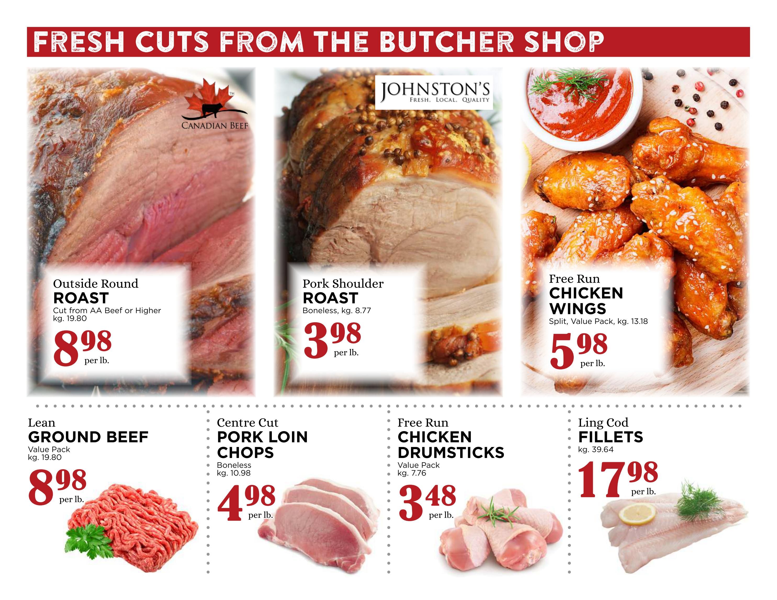 Pemberton Valley Supermarket weekly flyer specials page 2 features fresh cuts from the butcher shop. Highlights include Outside Round Roast, cut from AA Beef or Higher, at $8.98 per lb. Pork Shoulder Roast, boneless, is $3.98 per lb. Free Run Chicken Wings, split value pack, are $5.98 per lb. Also featured are Lean Ground Beef at $8.98 per lb., Centre Cut Pork Loin Chops, boneless, for $4.98 per lb., Free Run Chicken Drumsticks, value pack, at $3.48 per lb., and Ling Cod Fillets at $17.98 per lb.