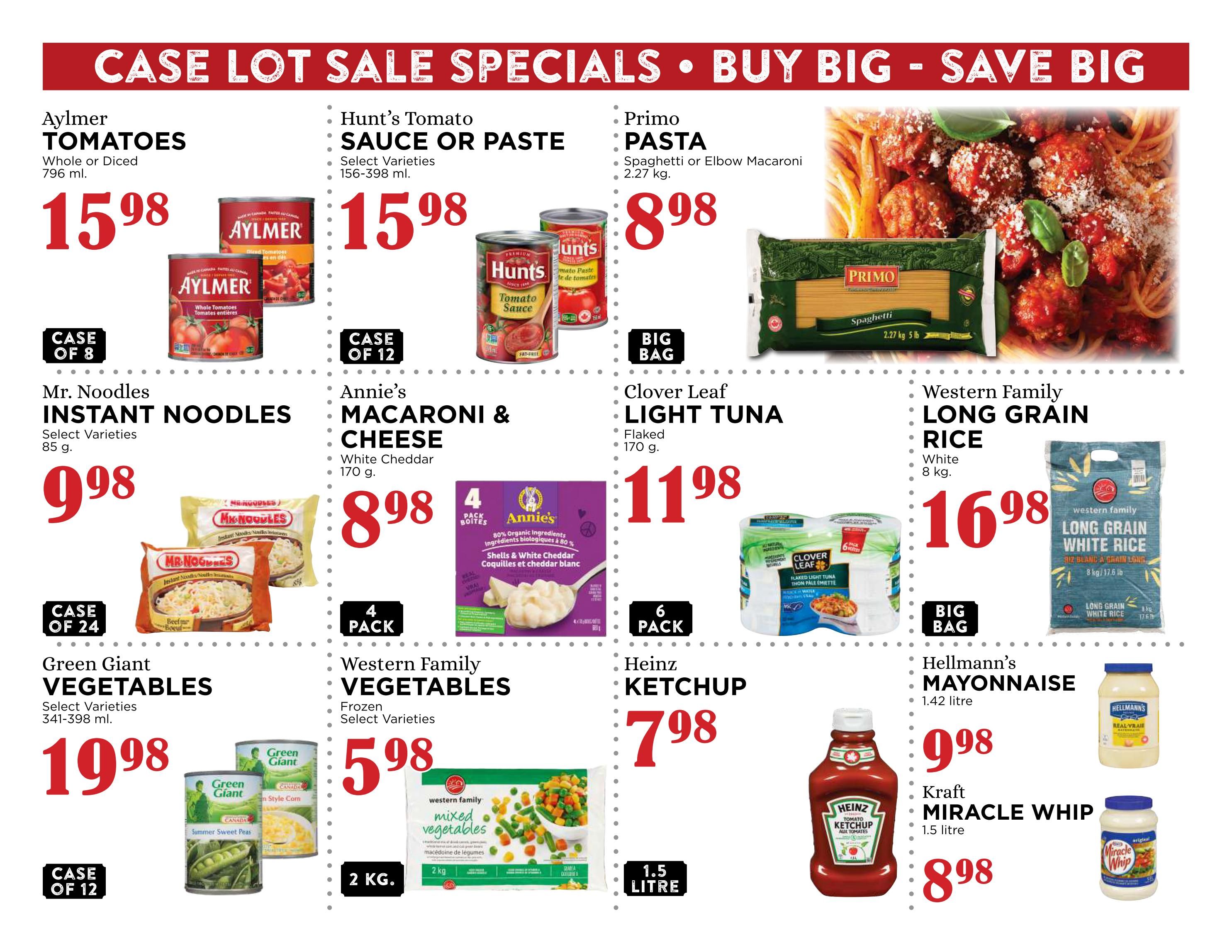 Pemberton Valley Supermarket flyer page 6 features case lot sale specials. Highlights include Aylmer Tomatoes (Whole or Diced, 796 ml) for $15.98 per case of 8, and Hunt's Tomato Sauce or Paste (Select Varieties, 156-398 ml) for $15.98 per case of 12. Primo Pasta (Spaghetti or Elbow Macaroni, 2.27 kg) is on sale for $8.98 per big bag. Mr. Noodles Instant Noodles (Select Varieties, 85 g) are $9.98 per case of 24. Annie's Macaroni & Cheese (White Cheddar, 170 g) is $8.98 per 4 pack. Clover Leaf Light Tuna (Flaked, 170 g) is $11.98 per 6 pack. Green Giant Vegetables (Select Varieties, 341-398 ml) are $19.98 per case of 12. Western Family Long Grain Rice (White, 8 kg) is $16.98 per big bag. Western Family Frozen Vegetables (Select Varieties, 2 kg) are $5.98. Heinz Ketchup (1.5 litre) is $7.98. Hellmann's Mayonnaise (1.42 litre) is $9.98. Kraft Miracle Whip (1.5 litre) is $8.98.