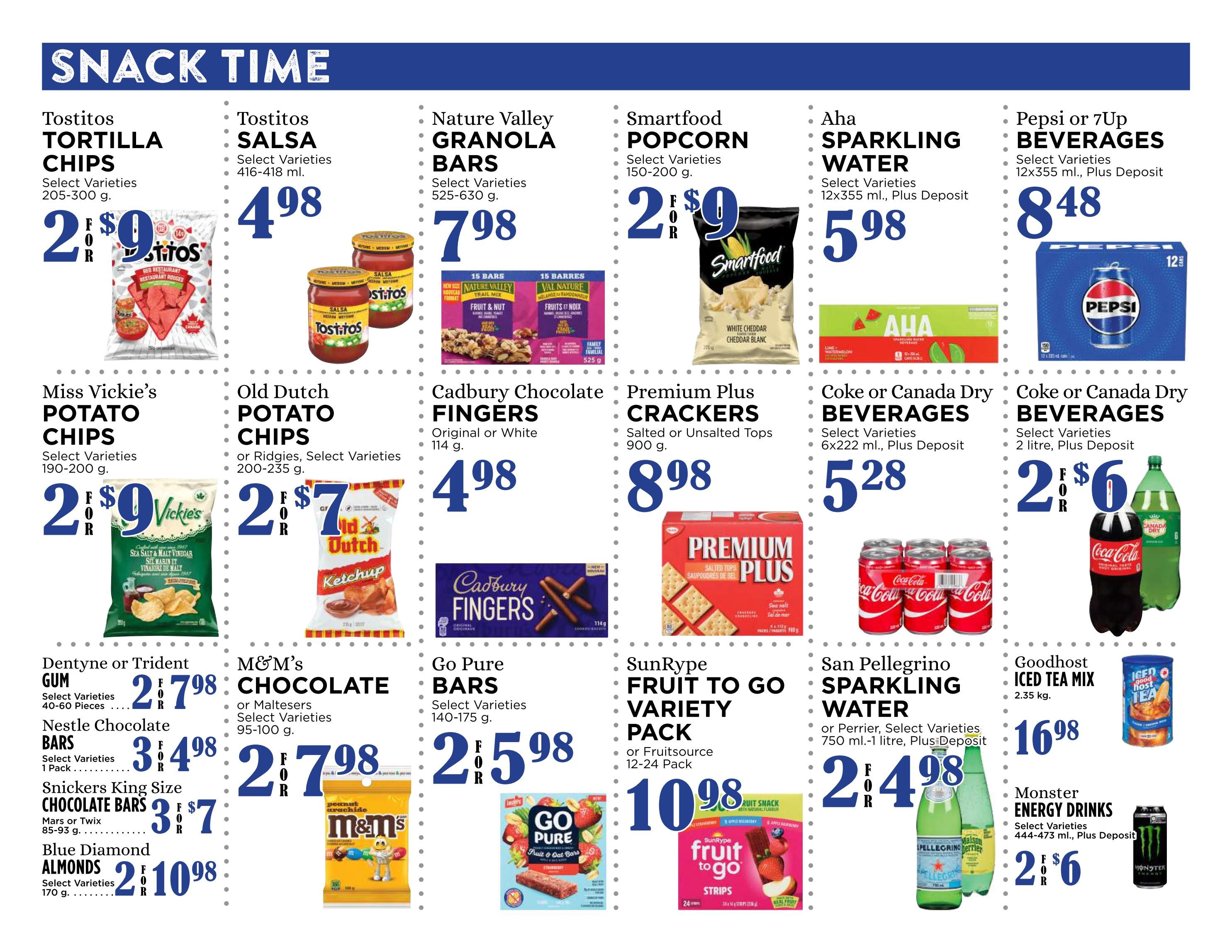 Pemberton Valley Supermarket weekly flyer specials page 9 features a 'Snack Time' theme. Deals include Tostitos Tortilla Chips for $2.98, Tostitos Salsa for $4.98, Nature Valley Granola Bars for $7.98, and Smartfood Popcorn for $2.98. Beverages on sale are Aha Sparkling Water for $5.98 and Pepsi or 7Up beverages 12x355ml for $8.48. Also featured are Miss Vickie's Potato Chips for $2.98, Old Dutch Potato Chips for $7.98, Cadbury Chocolate Fingers for $4.98, and Premium Plus Crackers for $8.98. Drink specials include Coke or Canada Dry Beverages 6x222ml for $5.28 and 2-litre bottles for $2.66. Other snack items are Dentyne or Trident Gum for $2.79, M&M's Chocolate or Maltesers for $7.98, Go Pure Bars for $5.98, SunRype Fruit to Go Variety Pack for $10.98, San Pellegrino Sparkling Water for $4.98, Goodhost Iced Tea Mix for $16.98, Snickers King Size Chocolate Bars for $7.37, and Monster Energy Drinks for $2.66.