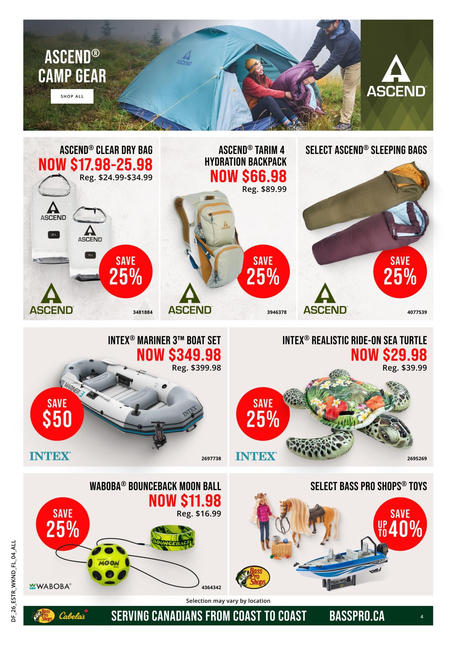 Bass Pro Shops Weekly Flyer Specials Page 4 features Ascend camp gear including Ascend Clear Dry Bags on sale now for $17.98-$25.98 (regularly $24.99-$34.99) with a 25% saving. Also featured is the Ascend Tarim 4 Hydration Backpack for $66.98 (regularly $89.99), saving 25%. Select Ascend Sleeping Bags are also available. Intex products include the Mariner 3TM Boat Set, now $349.98 (regularly $399.98), saving $50, and the Intex Realistic Ride-On Sea Turtle for $29.98 (regularly $39.99), saving 25%. The Waboba Bounceback Moon Ball is on sale for $11.98 (regularly $16.99), saving 25%. Finally, select Bass Pro Shops Toys are up to 40% off. The flyer is valid from April 3 to April 6, 2026.