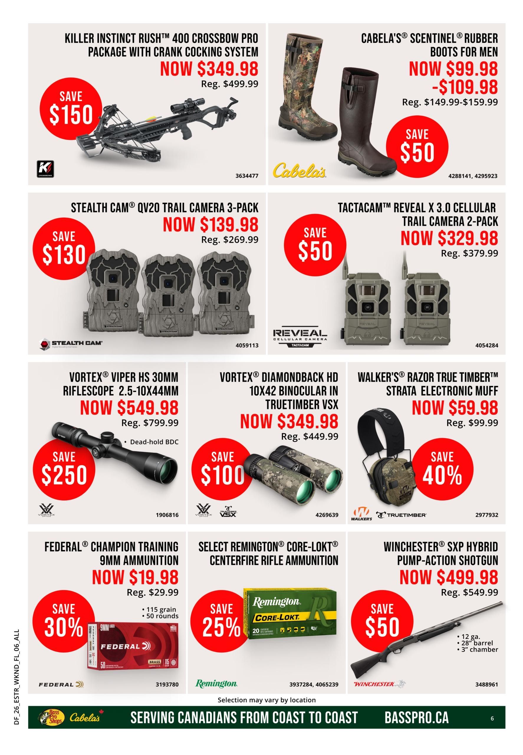 Bass Pro Shops weekly flyer specials, page 6. Featured products include the Killer Instinct Rush 400 Crossbow Pro Package with Crank Cocking System, on sale for $349.98 (save $150). Cabela's Scentinel Rubber Boots for Men are $99.98-$109.98 (save $50). The Stealth Cam QV20 Trail Camera 3-Pack is $139.98 (save $130). Tactacam Reveal X 3.0 Cellular Trail Camera 2-Pack is $329.98 (save $50). Vortex Viper HS 30mm Riflescope 2.5-10x44mm is $549.98 (save $250). Vortex Diamondback HD 10x42 Binocular in Truetimber VSX is $349.98 (save $100). Walker's Razor True Timber Strata Electronic Muff is $59.98 (save 40%). Federal Champion Training 9mm Ammunition (115 grain, 50 rounds) is $19.98 (save 30%). Select Remington Core-Lokt Centerfire Rifle Ammunition is on sale with a 25% discount. The Winchester SXP Hybrid Pump-Action Shotgun is $499.98 (save $50).
