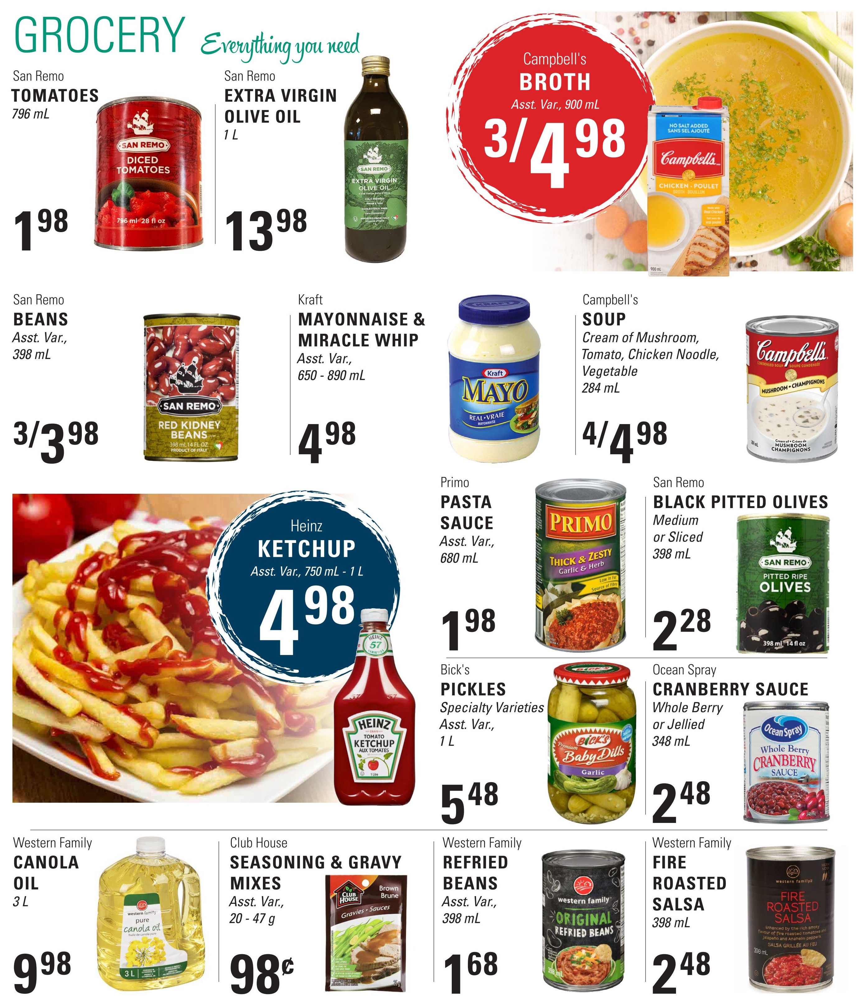 Askew's Foods weekly flyer specials page 2 features a variety of grocery items. Highlighted are San Remo Tomatoes for $1.98, San Remo Extra Virgin Olive Oil for $13.98, and San Remo Beans for $3.33. Also featured are Kraft Mayonnaise & Miracle Whip for $4.98, Campbell's Broth for 3/$4.98, and Campbell's Soup in various flavours for 4/$4.98. Primo Pasta Sauce is available for $1.98, Bick's Pickles for $5.48, San Remo Black Pitted Olives for $2.28, and Ocean Spray Cranberry Sauce for $2.48. Heinz Ketchup is priced at $4.98. Additionally, Western Family Canola Oil is $9.98, Club House Seasoning & Gravy Mixes are $0.98, Western Family Refried Beans are $1.68, and Western Family Fire Roasted Salsa is $2.48.