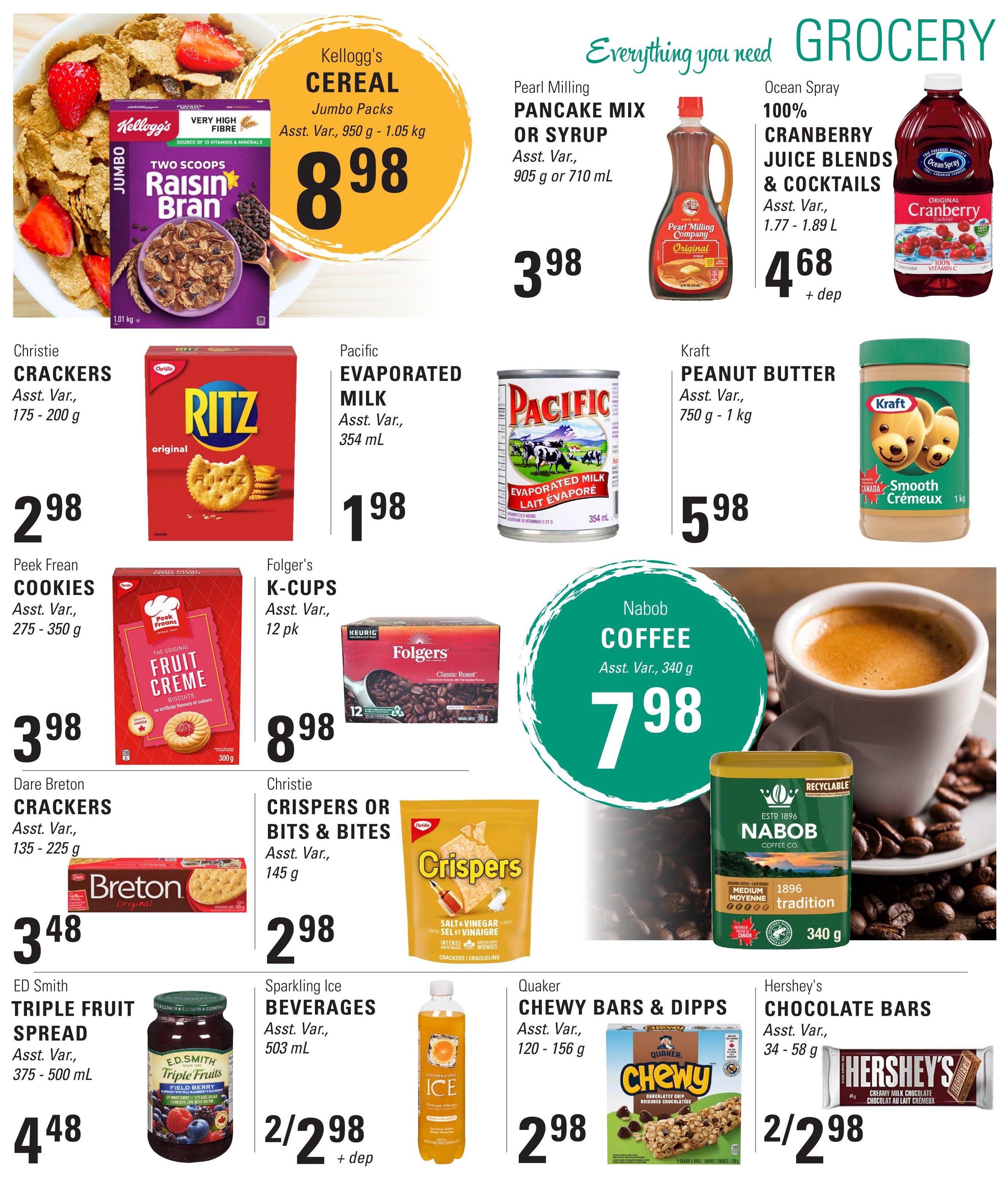 Askew's Foods weekly flyer specials page 3 features a variety of grocery items. Highlighted are Kellogg's Cereal Jumbo Packs for $8.98, Pearl Milling Pancake Mix or Syrup for $3.98, and Ocean Spray 100% Cranberry Juice Blends & Cocktails for $4.68 plus deposit. Also featured are Christie Crackers for $2.98, Pacific Evaporated Milk for $1.98, Kraft Peanut Butter for $5.98, Peek Frean Cookies for $3.98, Folger's K-Cups for $8.98, Nabob Coffee for $7.98, Dare Breton Crackers for $3.48, Christie Crispers or Bits & Bites for $2.98, Sparkling Ice Beverages for 2 for $2.98 plus deposit, Ed Smith Triple Fruit Spread for $4.48, Quaker Chewy Bars & Dipps for $2.98, and Hershey's Chocolate Bars for 2 for $2.98.