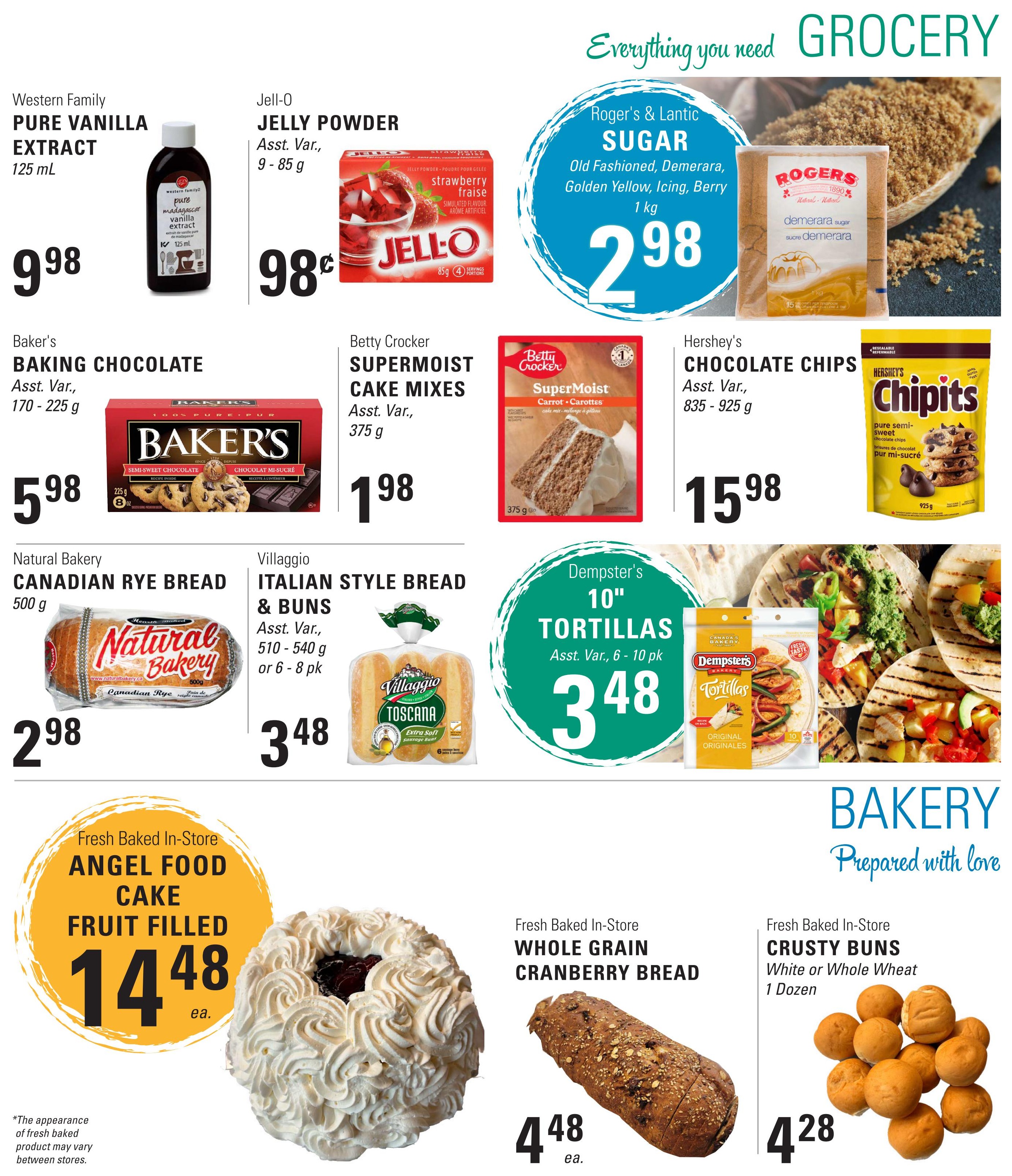 Askew's Foods weekly flyer specials page 5 features grocery and bakery items. Grocery deals include Western Family Pure Vanilla Extract for $9.98, Jell-O Jelly Powder in assorted varieties (85g) for $0.98, Baker's Baking Chocolate (170-225g) for $5.98, Betty Crocker Supermoist Cake Mixes (375g) for $1.98, Hershey's Chipits Chocolate Chips (835-925g) for $15.98, and Roger's & Lantic Sugar (1kg) for $2.98. Bakery specials include Natural Bakery Canadian Rye Bread (500g) for $2.98, Villaggio Italian Style Bread & Buns (assorted varieties, 510-540g or 6-8 pk) for $3.48, and Dempster's 10' Tortillas (assorted varieties, 6-10 pk) for $3.48. Fresh baked in-store items are Fruit Filled Angel Food Cake for $14.48 each, Whole Grain Cranberry Bread for $4.48 each, and Crusty Buns (White or Whole Wheat, 1 dozen) for $4.28 each. Note: The appearance of fresh baked product may vary between stores.