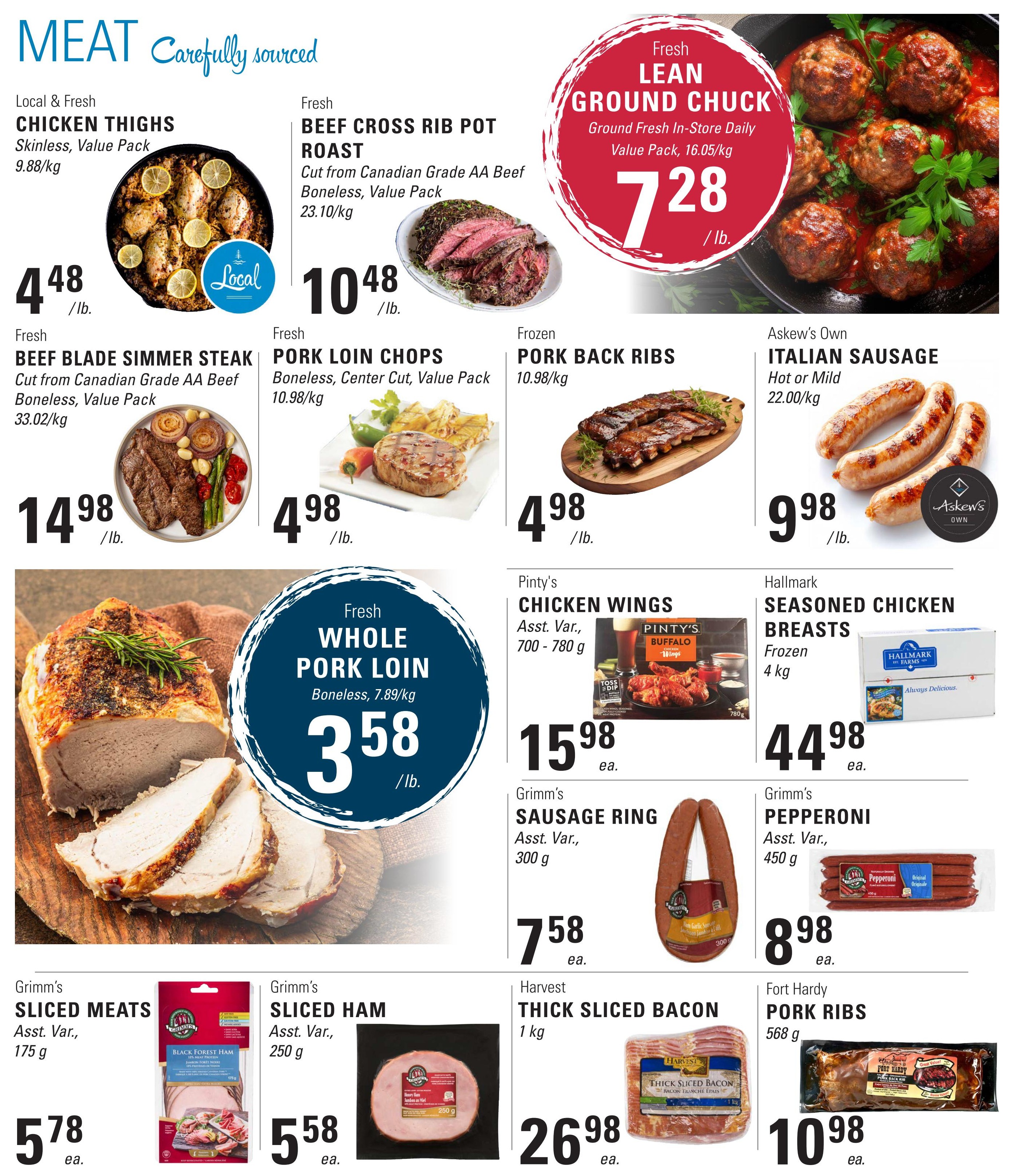 Askew's Foods weekly flyer specials page 6 features a variety of meat products. Highlights include Fresh Lean Ground Chuck for $7.28/lb, Fresh Chicken Thighs Value Pack for $4.48/lb, and Fresh Beef Cross Rib Pot Roast for $10.48/lb. Also featured are Fresh Beef Blade Simmer Steak for $14.98/lb, Fresh Pork Loin Chops for $4.98/lb, and Frozen Pork Back Ribs for $4.98/lb. Askew's Own Italian Sausage (Hot or Mild) is priced at $9.98/lb. Fresh Whole Pork Loin is on sale for $3.58/lb. Pinty's Chicken Wings (Buffalo) are $15.98 each. Hallmark Seasoned Chicken Breasts (Frozen, 4 kg) are $44.98 each. Grimm's Sausage Ring (Assorted Varieties, 300 g) is $7.58 each, Grimm's Pepperoni (Assorted Varieties, 450 g) is $8.98 each, Grimm's Sliced Meats (Assorted Varieties, 175 g) are $5.78 each, and Grimm's Sliced Ham (Assorted Varieties, 250 g) is $5.58 each. Harvest Thick Sliced Bacon (1 kg) is $26.98 each, and Fort Hardy Pork Ribs (568 g) are $10.98 each.