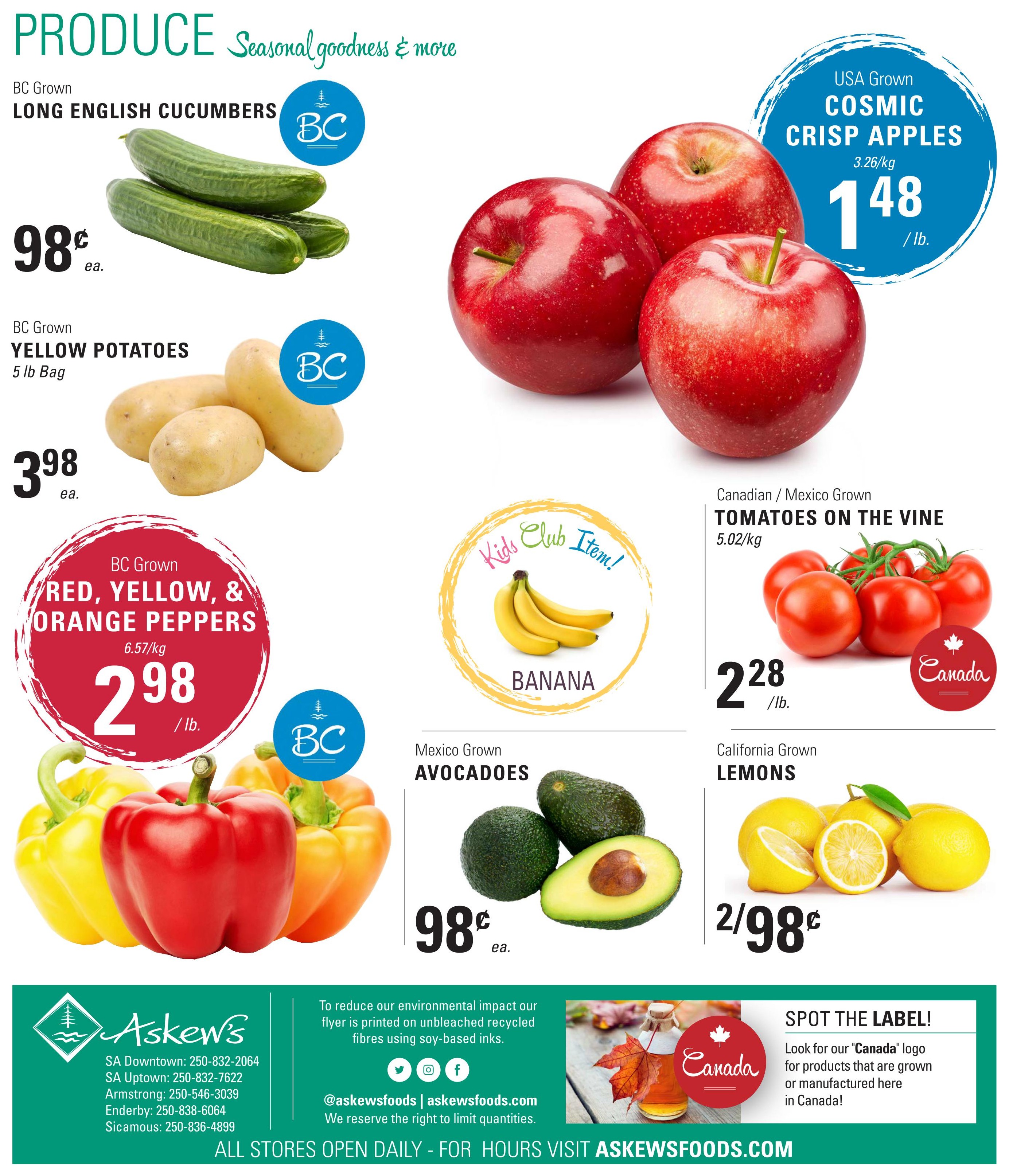 Askew's Foods weekly flyer specials page 12 features a variety of fresh produce. BC Grown Long English Cucumbers are priced at $0.98 each. BC Grown Yellow Potatoes are available in a 5 lb bag for $3.98 each. BC Grown Red, Yellow, and Orange Peppers are $2.98 per lb. USA Grown Cosmic Crisp Apples are $1.48 per lb. Canadian/Mexico Grown Tomatoes on the Vine are $2.28 per lb. Mexico Grown Avocados are $0.98 each. California Grown Lemons are 2 for $0.98. A 'Kids Club Item' sticker is shown on a bunch of bananas. The flyer also highlights the 'Canada' logo for locally grown or manufactured products.