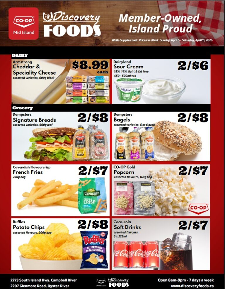 Discovery Foods weekly flyer specials page 3. Dairy section features Armstrong Cheddar & Speciality Cheese assorted varieties, 600g block for $8.99 each, and Dairyland Sour Cream 18%, 14%, light & fat free, 450-500ml tub for 2 for $6. Grocery section includes Dempsters Signature Breads assorted varieties, 600g loaf for 2 for $8, and Dempsters Bagels assorted varieties, 5 or 6 pack for 2 for $8. Also featured are Cavendish Flavourcrisp French Fries 750g bag for 2 for $7, CO-OP Gold Popcorn assorted flavours, 140g bag for 2 for $7, Ruffles Potato Chips assorted flavours, 200g bag for 2 for $8, and Coca-Cola Soft Drinks assorted flavours, 6 x 222ml for 2 for $7. The flyer is valid from Sunday, April 5 to Saturday, April 11, 2026.