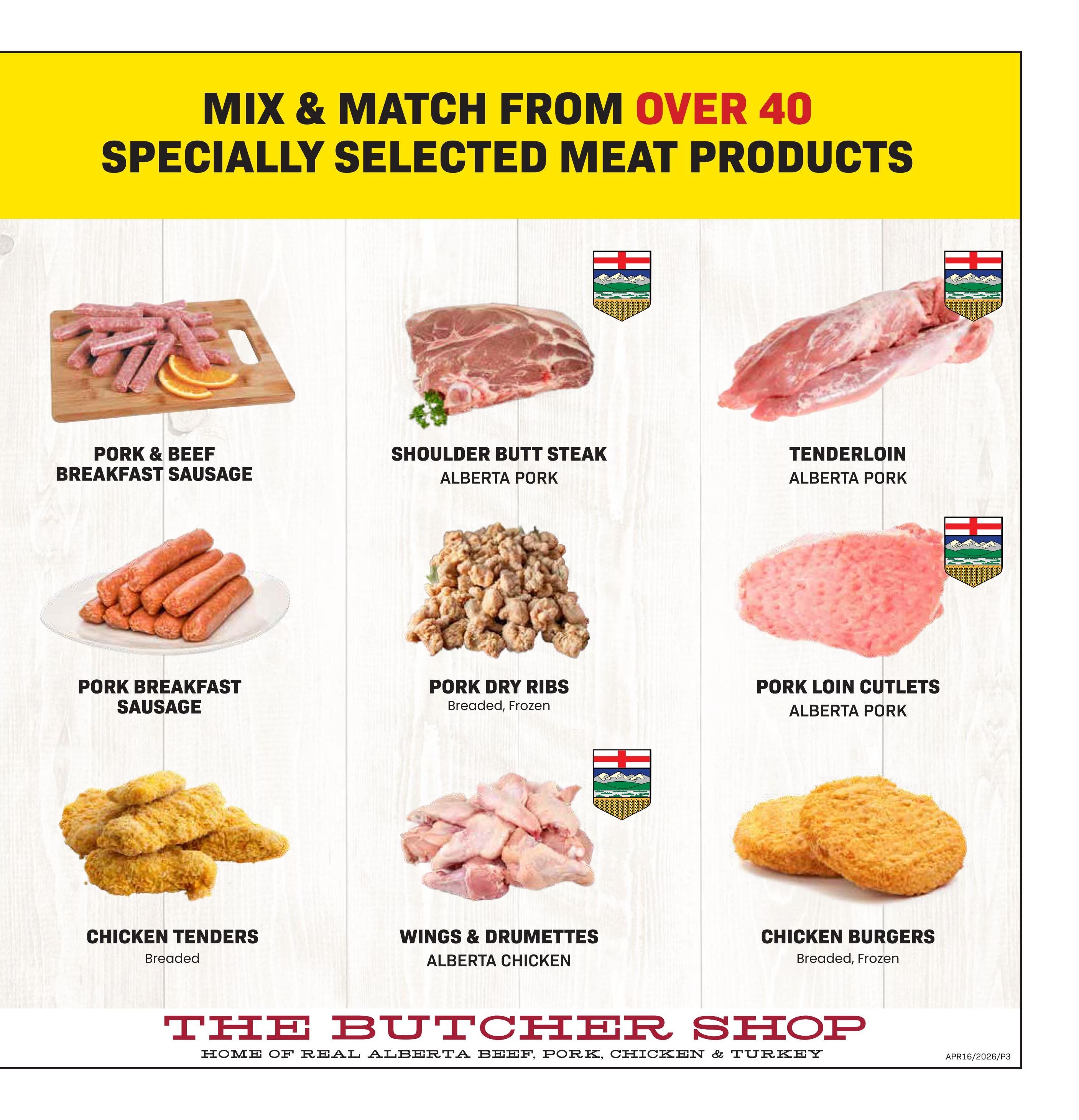 Freson Bros weekly flyer specials page 3 features a 'Mix & Match from Over 40 Specially Selected Meat Products' promotion. Products shown include Pork & Beef Breakfast Sausage, Pork Breakfast Sausage, Shoulder Butt Steak (Alberta Pork), Tenderloin (Alberta Pork), Pork Dry Ribs (Breaded, Frozen), Pork Loin Cutlets (Alberta Pork), Chicken Tenders (Breaded), Wings & Drumettes (Alberta Chicken), and Chicken Burgers (Breaded, Frozen). The page also highlights 'The Butcher Shop' as the home of real Alberta beef, pork, chicken & turkey.