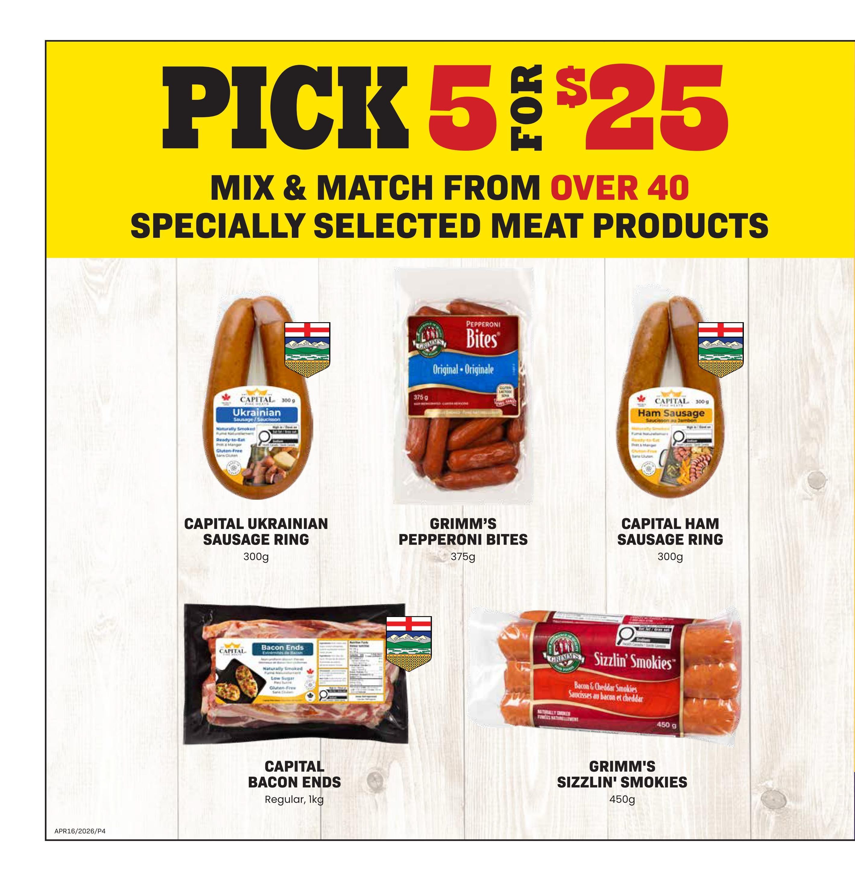 Freson Bros weekly flyer specials page 4 features a 'Pick 5 for $25' mix and match offer on over 40 specially selected meat products. Featured items include Capital Ukrainian Sausage Ring (300g), Grimm's Pepperoni Bites (375g), Capital Ham Sausage Ring (300g), Capital Bacon Ends (Regular, 1kg), and Grimm's Sizzlin' Smokies (450g).