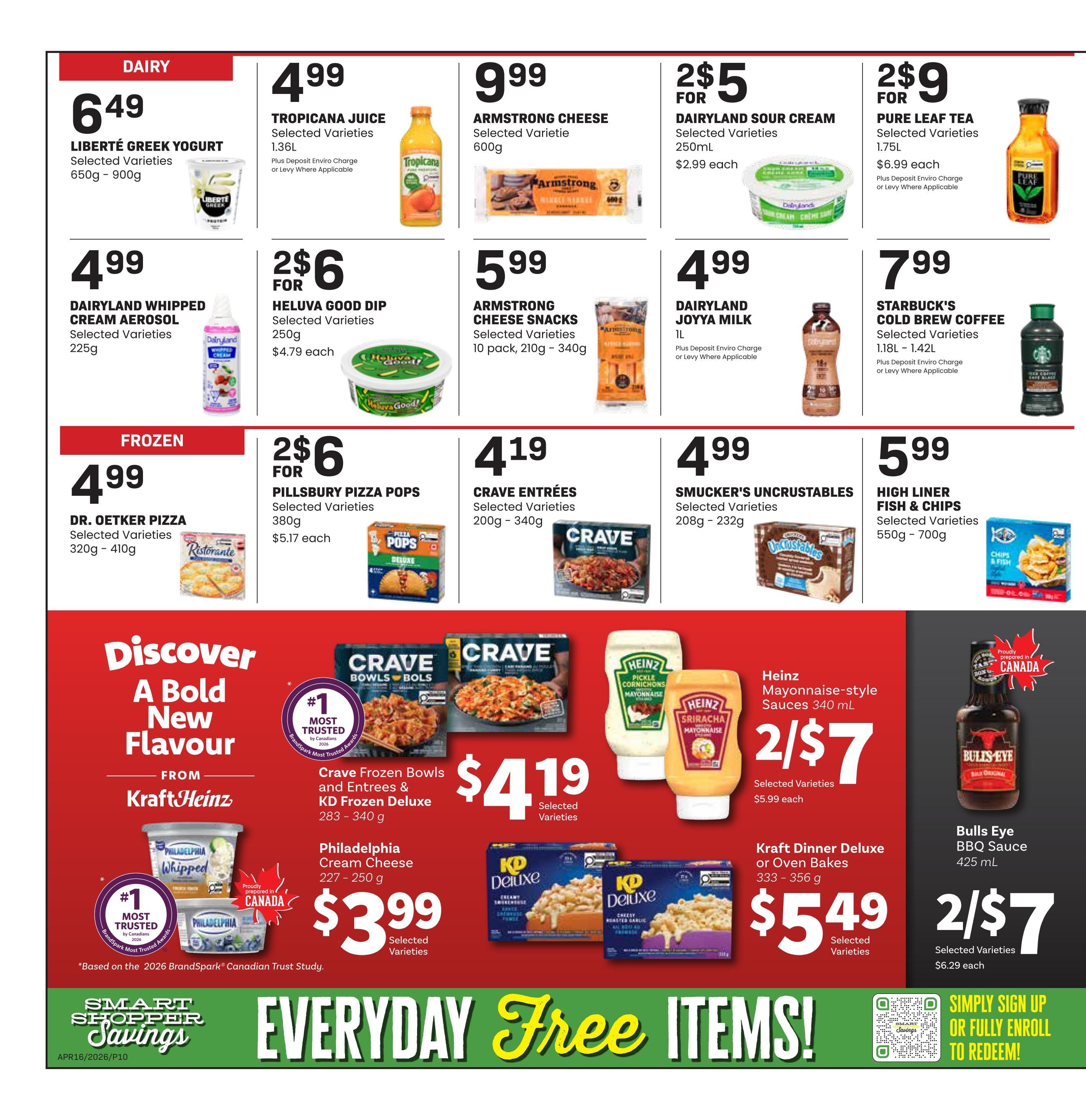 Freson Bros weekly flyer specials page 10 features dairy and frozen items. Dairy deals include Liberté Greek Yogurt for $6.49 (650g - 900g), Tropicana Juice for $4.99 (1.36L), Armstrong Cheese for $9.99 (600g), Dairyland Sour Cream for 2 for $5 (250mL), Dairyland Whipped Cream Aerosol for $4.99 (225g), Heluva Good Dip for 2 for $6 (250g), Armstrong Cheese Snacks for $5.99 (10 pack, 210g - 340g), Dairyland Joyya Milk for $4.99 (1L), and Starbucks Cold Brew Coffee for $7.99 (1.18L - 1.42L). Frozen deals include Dr. Oetker Pizza for $4.99 (320g - 410g), Pillsbury Pizza Pops for 2 for $6 (380g), Crave Entrees for $4.19 (200g - 340g), Smucker's Uncrustables for $4.99 (208g - 232g), and High Liner Fish & Chips for $5.99 (550g - 700g). The page also highlights Kraft Heinz products: Crave Frozen Bowls and Entrees & KD Frozen Deluxe for $4.19 (283g - 340g), Philadelphia Cream Cheese for $3.99 (227g - 250g), Heinz Mayonnaise-style Sauces for 2 for $7 (340mL), Kraft Dinner Deluxe or Oven Bakes for $5.49 (333g - 356g), and Bulls Eye BBQ Sauce for 2 for $7 (425mL). The bottom of the page promotes 'Smart Shopper Savings' and 'Everyday Free Items!' with a QR code for sign-up or enrollment.