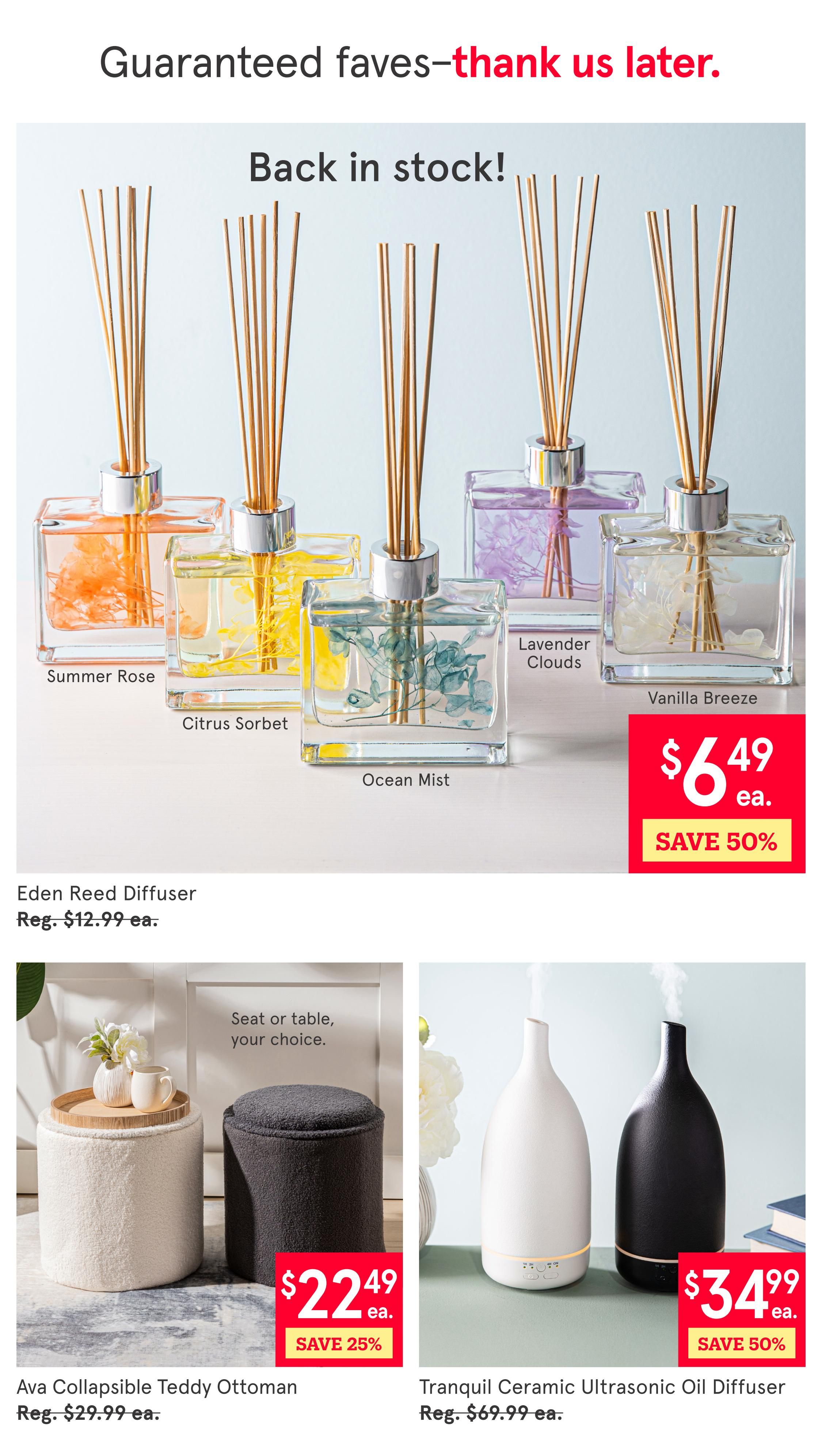 Kitchen Stuff Plus weekly flyer specials page 4. Featured items include Eden Reed Diffusers in Summer Rose, Citrus Sorbet, Ocean Mist, Lavender Clouds, and Vanilla Breeze scents, on sale for $6.49 each, saving 50%. Also available are Ava Collapsible Teddy Ottomans in cream and charcoal for $22.49 each, saving 25%, and Tranquil Ceramic Ultrasonic Oil Diffusers in white and black for $34.99 each, saving 50%.