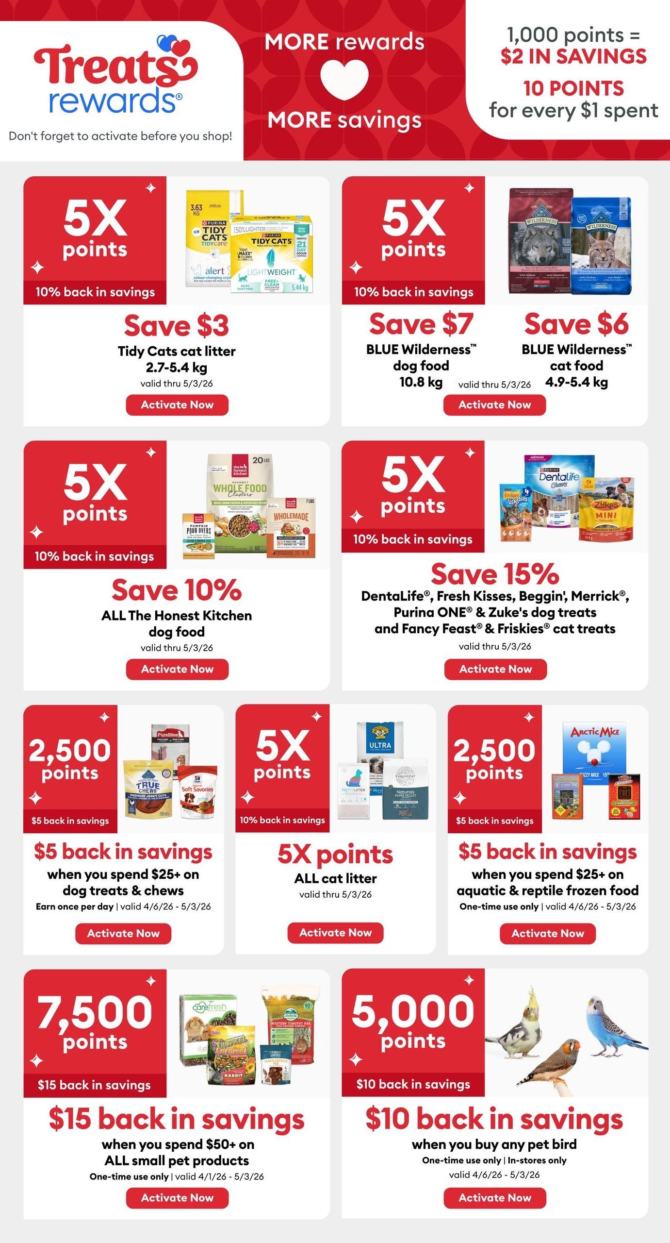 PetSmart Treats Rewards page 8 featuring bonus points and savings. Offers include 5X points (10% back in savings) on Tidy Cats cat litter (save $3), BLUE Wilderness dog food (save $7), BLUE Wilderness cat food (save $6), ALL The Honest Kitchen dog food (save 10%), and a variety of Dentalife, Fresh Kisses, Beggin, Merrick, Purina ONE, Zuke's dog treats, and Fancy Feast cat treats (save 15%). Also featured are point-based savings: 2,500 points for $5 back on dog treats & chews when you spend $25+, 5X points (10% back in savings) on ALL cat litter, 2,500 points for $5 back on aquatic & reptile frozen food when you spend $25+, 7,500 points for $15 back on ALL small pet products when you spend $50+, and 5,000 points for $10 back when you buy any pet bird. All offers require activation and have specific validity dates, mostly through May 3rd or May 26th, 2026.
