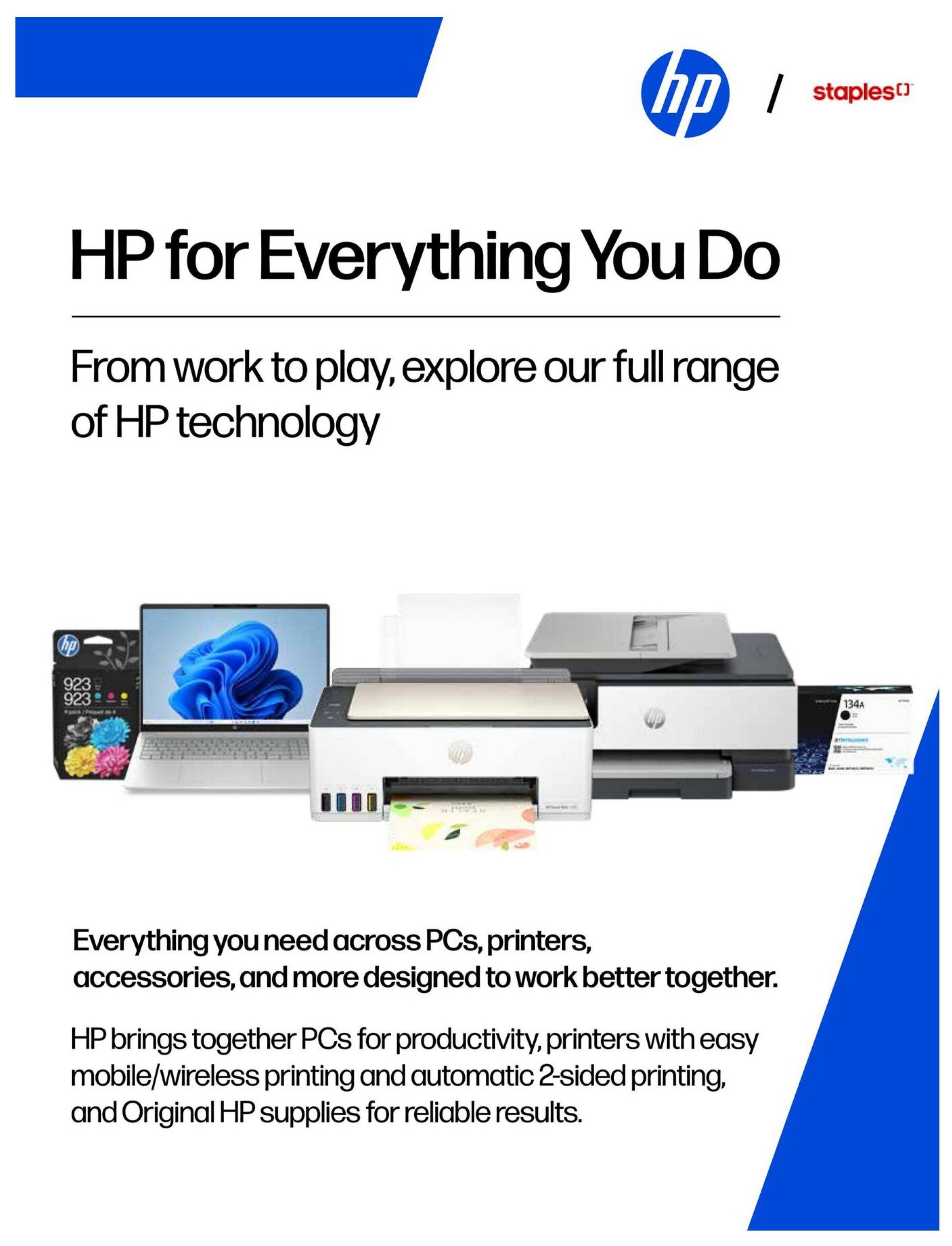 Staples Preferred Flyer, Page 4. Features HP technology for everything you do, from work to play. Explore our full range of HP technology including PCs, printers, and accessories designed to work better together. This page showcases HP PCs for productivity, printers with easy mobile/wireless printing and automatic 2-sided printing, and Original HP supplies for reliable results. Visible products include HP ink cartridges (923 and 134A), an HP laptop, and various HP printers.