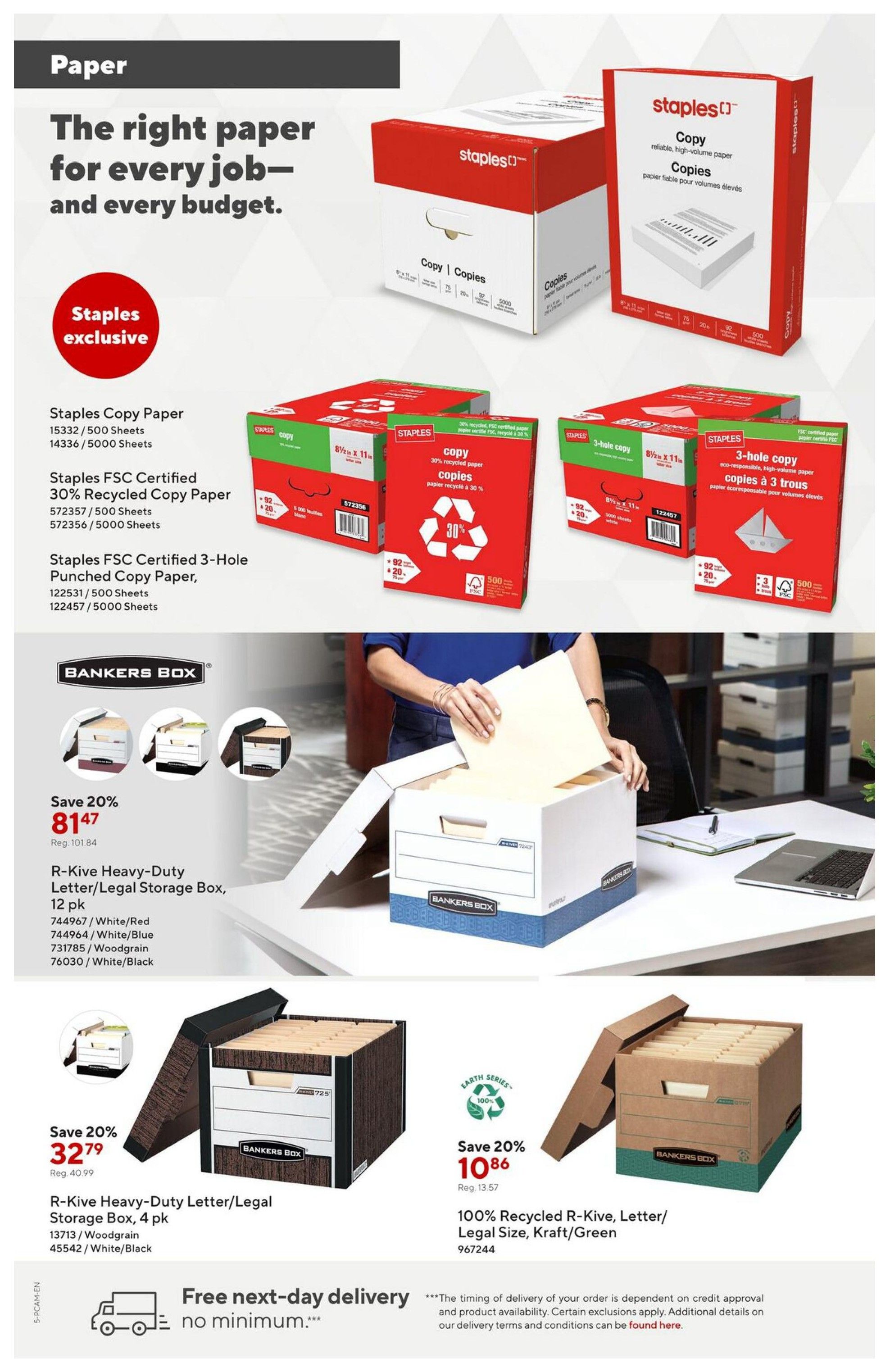Staples flyer page 5 features paper products and storage solutions. The top section highlights Staples Copy Paper in various sizes, including 15332/5000 Sheets and 14336/5000 Sheets. Also featured are Staples FSC Certified 30% Recycled Copy Paper (572356/5000 Sheets) and Staples FSC Certified 3-Hole Punched Copy Paper (122531/500 Sheets and 122457/5000 Sheets). The lower section showcases Bankers Box storage solutions. The R-Kive Heavy-Duty Letter/Legal Storage Box, 12 pk, is on sale for $81.47 (regularly $101.84), available in White/Red (744967), White/Blue (744964), Woodgrain (731785), and White/Black (76030). Another R-Kive Heavy-Duty Letter/Legal Storage Box, 4 pk, is priced at $32.79 (regularly $40.99), in Woodgrain (13713) and White/Black (45542). Finally, the 100% Recycled R-Kive Letter/Legal Storage Box, Kraft/Green (967244), is on sale for $10.86 (regularly $13.57). The page also promotes free next-day delivery with no minimum purchase.