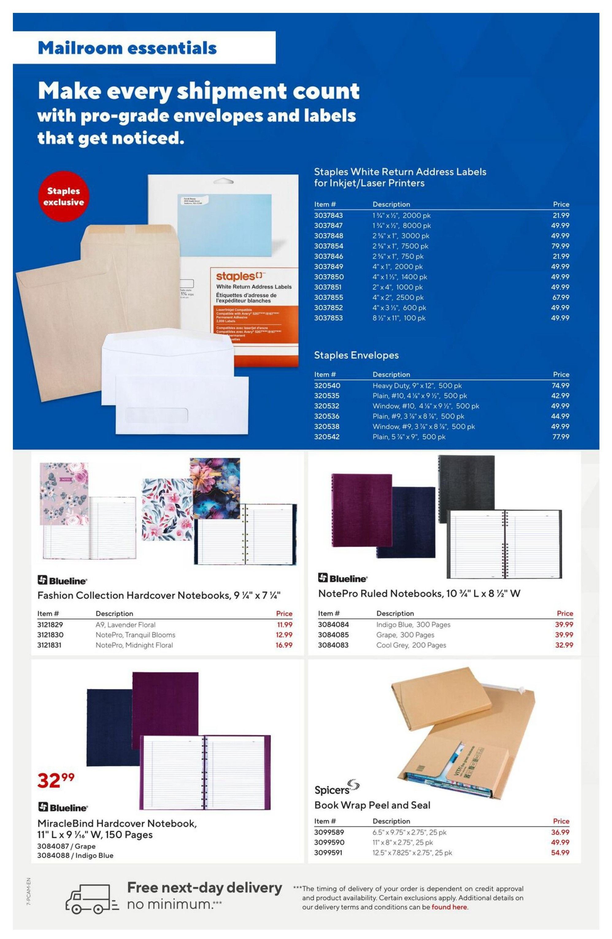 Staples Mailroom Essentials flyer page featuring envelopes and labels. Staples White Return Address Labels for Inkjet/Laser Printers are available in various sizes and quantities, with prices ranging from $21.99 to $79.99. Staples Envelopes include Heavy Duty, Plain, and Window styles in different sizes and pack counts, priced from $42.99 to $77.99. Blueline Fashion Collection Hardcover Notebooks, 9 1/4' x 7 1/4', are offered in A9 Lavender Floral for $11.99, Tranquil Blooms for $12.99, and Midnight Floral for $16.99. Blueline also offers NotePro Ruled Notebooks, 10 3/4' x 8 1/2' W, in Indigo Blue (300 Pages) for $39.99, Grape (300 Pages) for $39.99, and Cool Grey (200 Pages) for $32.99. A Blueline MiracleBind Hardcover Notebook, 11' L x 9 1/16' W, 150 Pages, is available in Grape or Indigo Blue for $32.99. Spicers Book Wrap Peel and Seal products are available in multiple sizes and pack counts, priced from $36.99 to $54.99. The page also highlights free next-day delivery with no minimum purchase.
