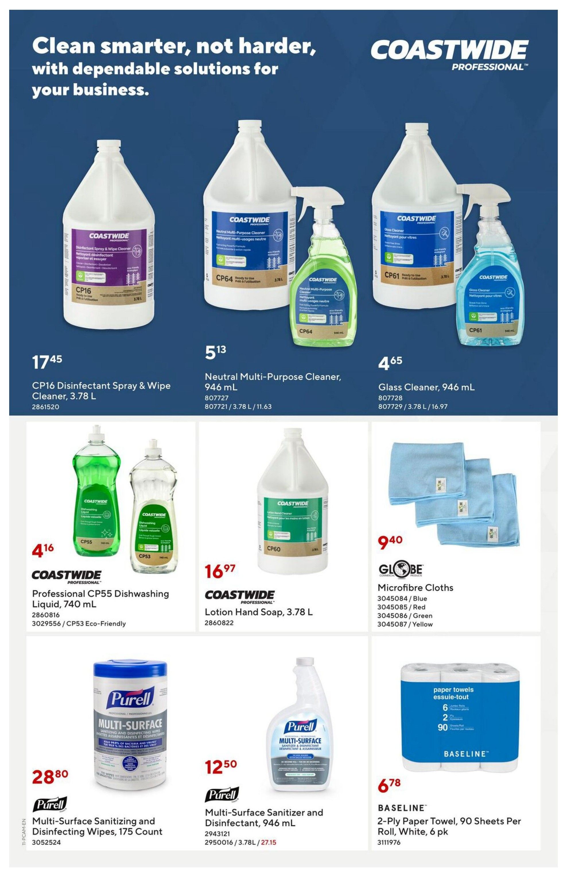 Staples Preferred Flyer page 11 features cleaning and sanitizing solutions. Coastwide Professional CP16 Disinfectant Spray & Wipe Cleaner, 3.78 L, is priced at $17.45. Neutral Multi-Purpose Cleaner, 946 mL, is $5.13. Glass Cleaner, 946 mL, is $4.65. Coastwide Professional CP55 Dishwashing Liquid, 740 mL, is $4.16. Coastwide Lotion Hand Soap, 3.78 L, is $16.97. Globe Microfibre Cloths are available in Blue, Red, Green, and Yellow for $9.40. Purell Multi-Surface Sanitizing and Disinfecting Wipes, 175 Count, are $28.80. Purell Multi-Surface Sanitizer and Disinfectant, 946 mL, is $12.50. Baseline 2-Ply Paper Towels, 90 Sheets Per Roll, White, 6 pk, are $6.78.