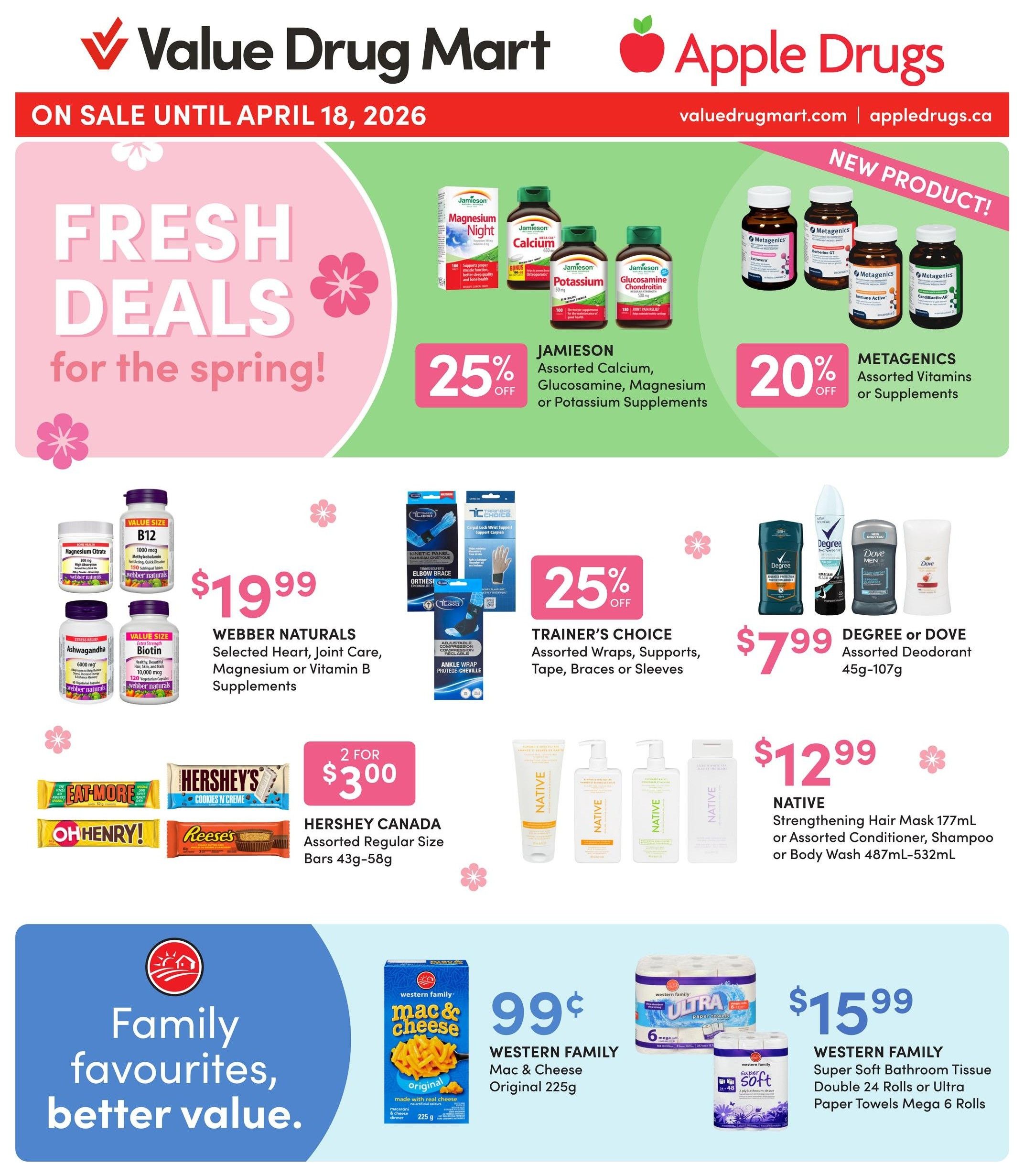 Value Drug Mart flyer specials page 1 features a 'Mix & Match' promotion: Buy 5 items for $25, valid until April 18, 2026. Featured products include Western Family Selected Allergy Relief, Pain Relief or Stomach Aids, Aussie 3 Minute Miracle Moist Deep Conditioner 236mL or Assorted Conditioner or Shampoo 360mL, and Biomedic Selected Vitamins or Supplements. Also on sale are Alka Seltzer, Aspirin or Drixoral Selected Health Care Products, and Chloraseptic, Fleet, Gaviscon or Sleep-Eze Selected Health Care Products. Additionally, find Hershey's, Kinder, Maynards, Riesen or Werther's Selected Snacks.