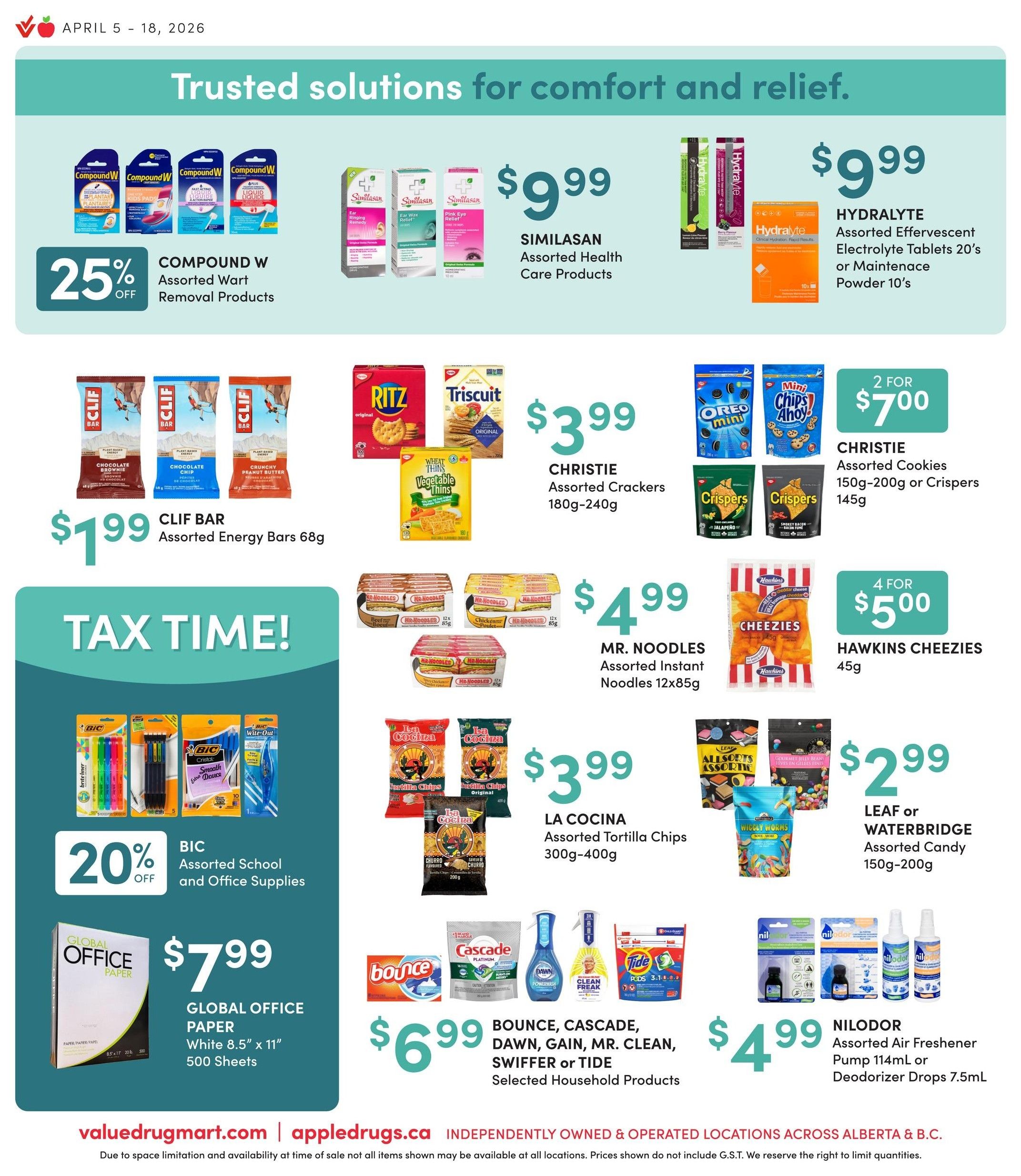 Value Drug Mart flyer page 8 featuring various deals. Top section includes Compound W Assorted Wart Removal Products with 25% off, Similasan Assorted Health Care Products for $9.99, and Hydralyte Assorted Effervescent Electrolyte Tablets 20's or Maintenance Powder 10's for $9.99. Middle section showcases Clif Bar Assorted Energy Bars 68g for $1.99, Christie Assorted Crackers 180g-240g for $3.99, Christie Assorted Cookies 150g-200g or Crispers 145g for 2 for $7.00, Mr. Noodles Assorted Instant Noodles 12x85g for $4.99, Hawkins Cheezies 45g for 4 for $5.00, and La Cocina Assorted Tortilla Chips 300g-400g for $3.99. Leaf or Waterbridge Assorted Candy 150g-200g is priced at $2.99. The 'Tax Time!' section highlights BIC Assorted School and Office Supplies with 20% off, and Global Office Paper White 8.5' x 11' 500 Sheets for $7.99. The bottom section features Bounce, Cascade, Dawn, Gain, Mr. Clean, Swiffer or Tide Selected Household Products for $6.99, and Nilodor Assorted Air Freshener Pump 114mL or Deodorizer Drops 7.5mL for $4.99.