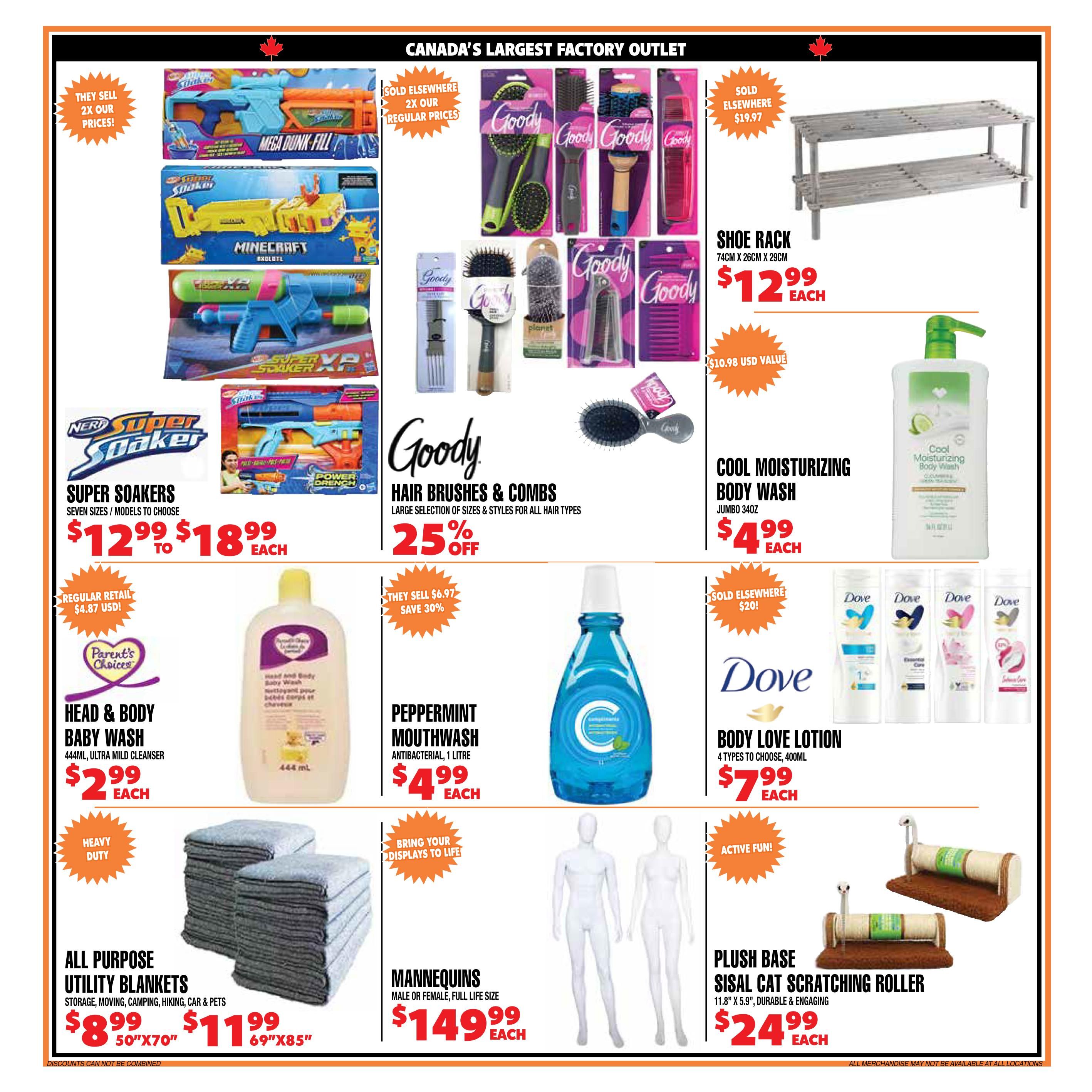 Len's Mill Stores flyer specials page 2 features a variety of products. On the left, find Nerf Super Soakers in seven sizes/models for $12.99 to $18.99 each. Also available are Parent's Choice Head & Body Baby Wash, a 444ml ultra mild cleanser, for $2.99 each, and All Purpose Utility Blankets in sizes 50'x70' for $8.99 and 69'x85' for $11.99. In the centre, Goody Hair Brushes & Combs are on sale for 25% off, with a large selection of sizes and styles for all hair types. Peppermint Mouthwash, an antibacterial 1-litre bottle, is priced at $4.99 each. Mannequins, male or female full life size, are available for $149.99 each. On the right, a shoe rack measuring 74cm x 26cm x 29cm is $12.99 each, with a stated value of $10.98 USD elsewhere. Cool Moisturizing Body Wash, jumbo 34oz, is $4.99 each. Dove Body Love Lotion, available in 4 types and 400ml, is $7.99 each. Finally, a Plush Base Sisal Cat Scratching Roller, 11.8' x 5.9', durable and engaging, is $24.99 each.