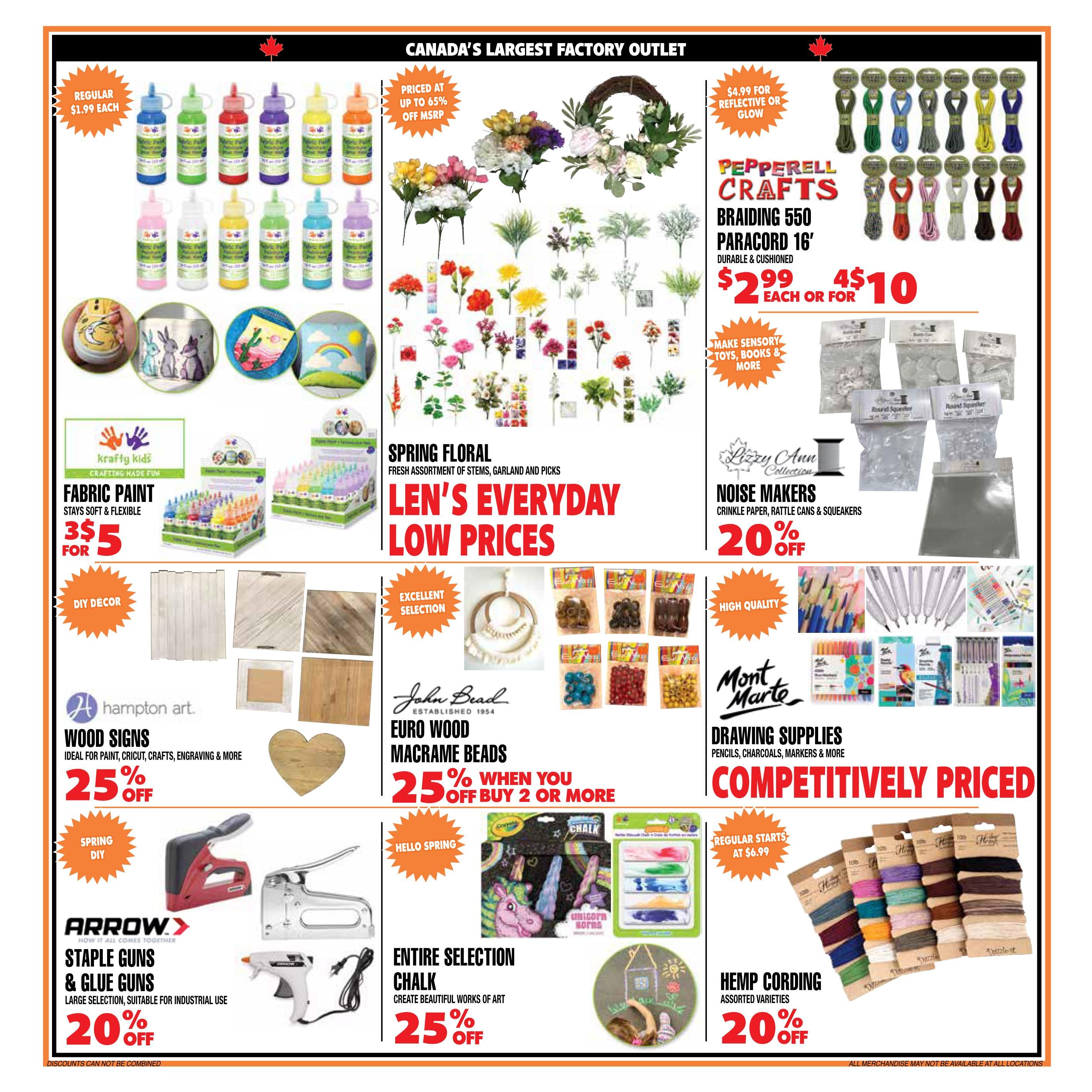 Len's Mill Stores flyer specials page 4 features a variety of craft and DIY supplies. On the top left, Krafty Kids Fabric Paint is on sale for 3 for $5, with regular prices of $1.99 each. The centre of the page highlights Spring Floral assortments of stems, garlands, and picks, alongside Pepperell Crafts Braiding 550 Paracord 16' for $2.99 each or 4 for $10. Also featured are Lizzy Ann Collection Noise Makers, including crinkle paper, rattle cans, and squeakers, at 20% off. John Bead Euro Wood Macrame Beads are 25% off when you buy 2 or more. Hampton Art Wood Signs, ideal for paint, cricut, crafts, engraving, and more, are 25% off. Arrow Staple Guns & Glue Guns, suitable for industrial use, are 20% off. The entire selection of Chalk for creating art is 25% off. Mont Marte Drawing Supplies, including pencils, charcoals, and markers, are competitively priced, with regular prices starting at $6.99. Hemp Cording in assorted varieties is 20% off.