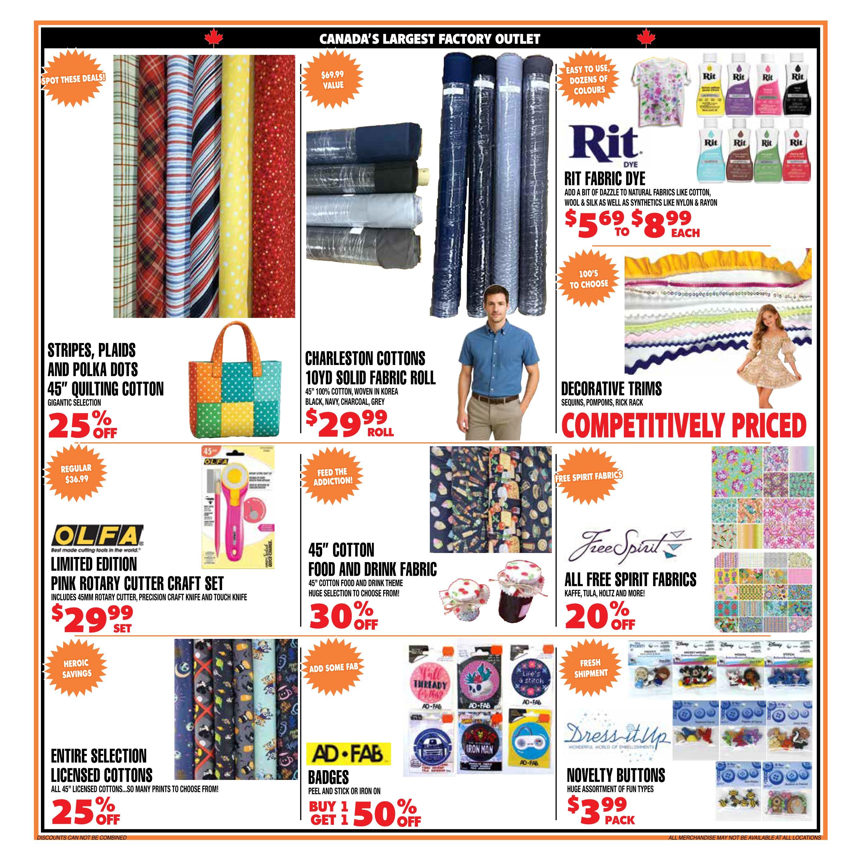 Len's Mill Stores flyer page 6 featuring a variety of fabrics and sewing supplies. Deals include Stripes, Plaids and Polka Dots 45' Quilting Cotton at 25% off, with a regular price of $36.99. Charleston Cottons 10yd Solid Fabric Rolls in Black, Navy, Charcoal, and Grey are priced at $29.99 per roll. A Limited Edition Olfa Pink Rotary Cutter Craft Set, including a 45mm rotary cutter, precision craft knife, and touch knife, is available for $29.99 per set. Also featured is 45' Cotton Food and Drink Fabric with a huge selection to choose from, on sale for 30% off. Decorative Trims like sequins, pompoms, and rick rack are competitively priced. Rit Fabric Dye is available for $5.69 to $8.99 each, with dozens of colours to choose from. All Free Spirit Fabrics are 20% off, including Kaffe, Tula, Holtz, and more. The entire selection of Licensed Cottons, all 45' licensed cottons with many prints to choose from, is 25% off. Ad-Fab Badges, which can be peeled and stuck or ironed on, are buy 1 get 1 50% off. Novelty Buttons in a huge assortment of fun types are $3.99 per pack. Fresh shipments of various character-themed buttons are also shown.