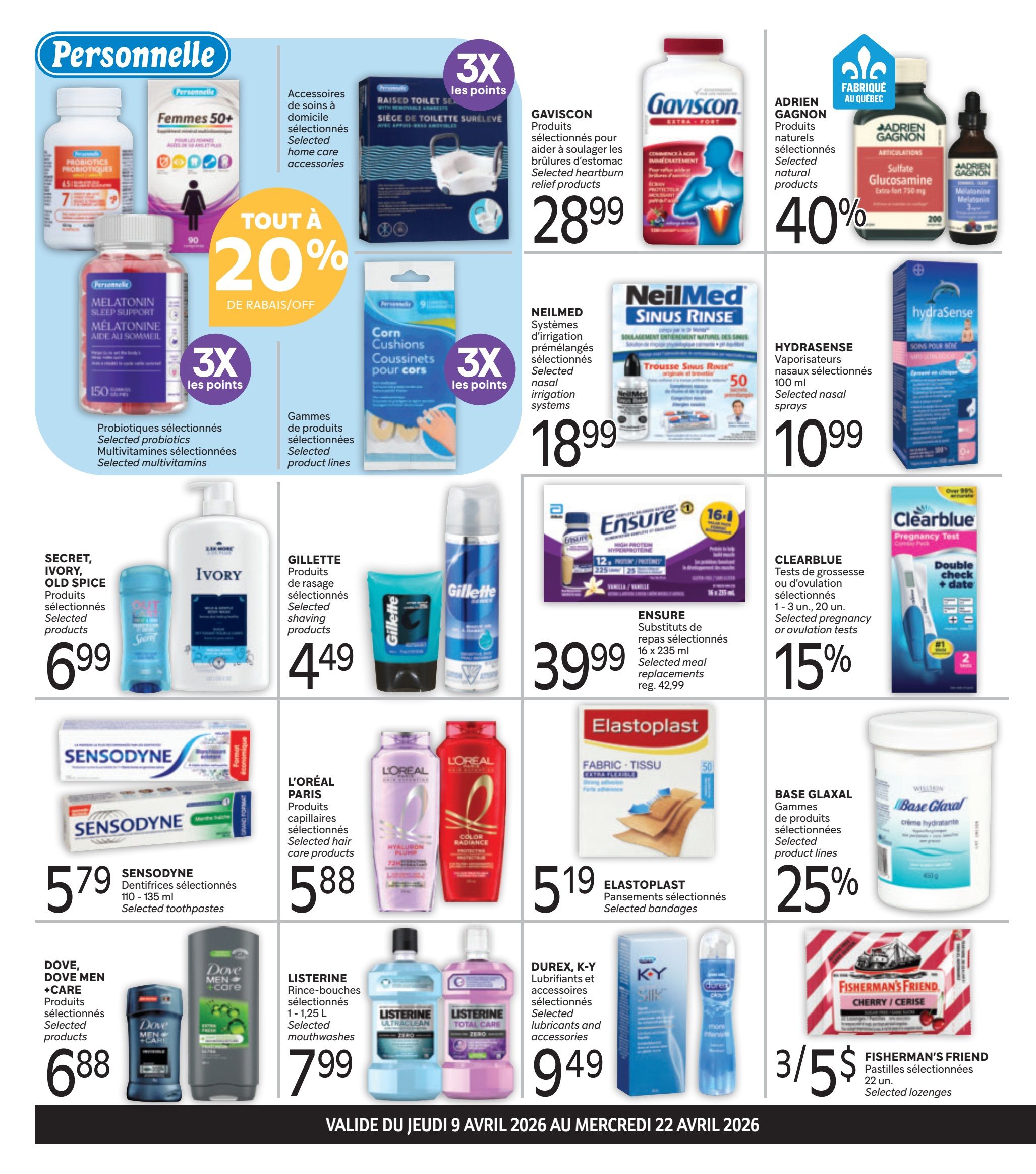 Brunet flyer page 2 features a 'Personally' section with 20% off selected home care accessories, including raised toilet seats. Also featured are selected probiotics and multivitamins with 3x points. Other deals include Gaviscon heartburn relief products for $28.99, Adrien Gagnon natural products like glucosamine and melatonin at 40% off, and Hydrasense nasal sprays for $10.99. NeilMed sinus rinse systems are $18.99. Personal care items on sale: Secret, Ivory, and Old Spice selected products for $6.99, Gillette selected shaving products for $4.49, Sensodyne selected toothpastes for $5.79, Dove and Dove Men+Care selected products for $6.88, L'Oréal Paris selected hair care products for $5.88, and Listerine selected mouthwashes 1-1.25 L for $7.99. Also available are Elastoplast selected bandages for $5.19, Durex K-Y selected lubricants and accessories for $9.49, Base Glaxal selected product lines with 25% off, Ensure selected meal replacements 16 x 235 ml for $39.99 (regularly $42.99), and Clearblue selected pregnancy or ovulation tests at 15% off. Fisherman's Friend selected lozenges 22 un. are 3 for $5.