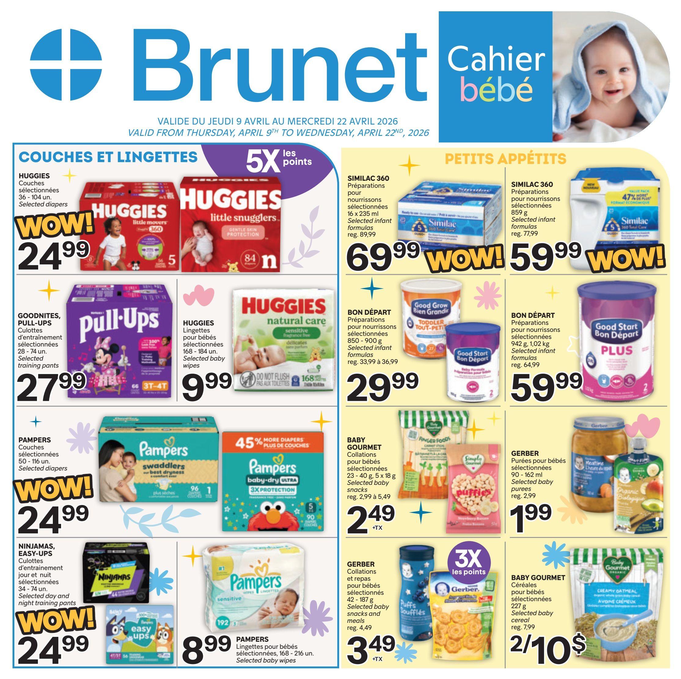Brunet Baby Guide flyer, valid from April 9th to April 22nd, 2026. Page 1 features diapers and wipes, including Huggies selected diapers for $24.99, Pull-Ups training pants for $27.99, and Huggies baby wipes for $9.99. Also available are Pampers selected diapers for $24.99 and Pampers Swaddlers diapers for $24.99, with a 45% more diapers offer. Ninjamas Easy-Ups training pants are $24.99. In the 'Petits Appétits' section, Similac 360 infant formulas are on sale for $69.99 and $59.99. Bon Départ infant formulas are $29.99 and $59.99. Baby Gourmet snacks are $2.49, and Baby Gourmet cereal is 2 for $10. Gerber baby snacks are $3.49, and Gerber baby food purées are $1.99. Earn 5X points on selected items.