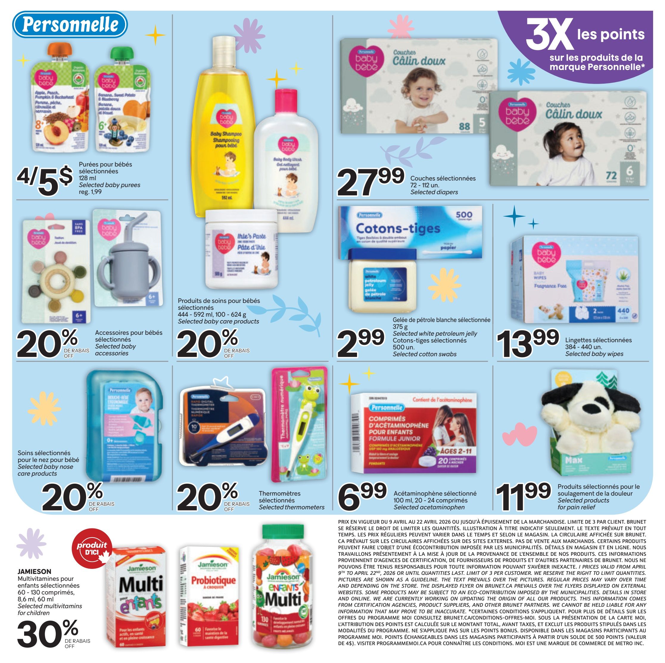 Brunet Baby Guide flyer, page 5. Features selected baby purees 4 for $5, Baby Shampoo 592 ml, Baby Body Wash 444 ml, selected baby care products 20% off including bottles and teethers, selected diapers for $27.99 (72-112 units) and $27.99 (88 units), selected cotton swabs 500 units for $2.99, selected white petroleum jelly 375 g for $2.99, selected baby wipes 384-440 units for $13.99. Also features selected baby nose care products 20% off, selected thermometers 20% off, Jamieson selected multivitamins for children 30% off (60-130 capsules, 8.6 ml, 60 ml), and selected pain relief products for $11.99. Includes a promotion for 3X the points on Personnelle brand products.