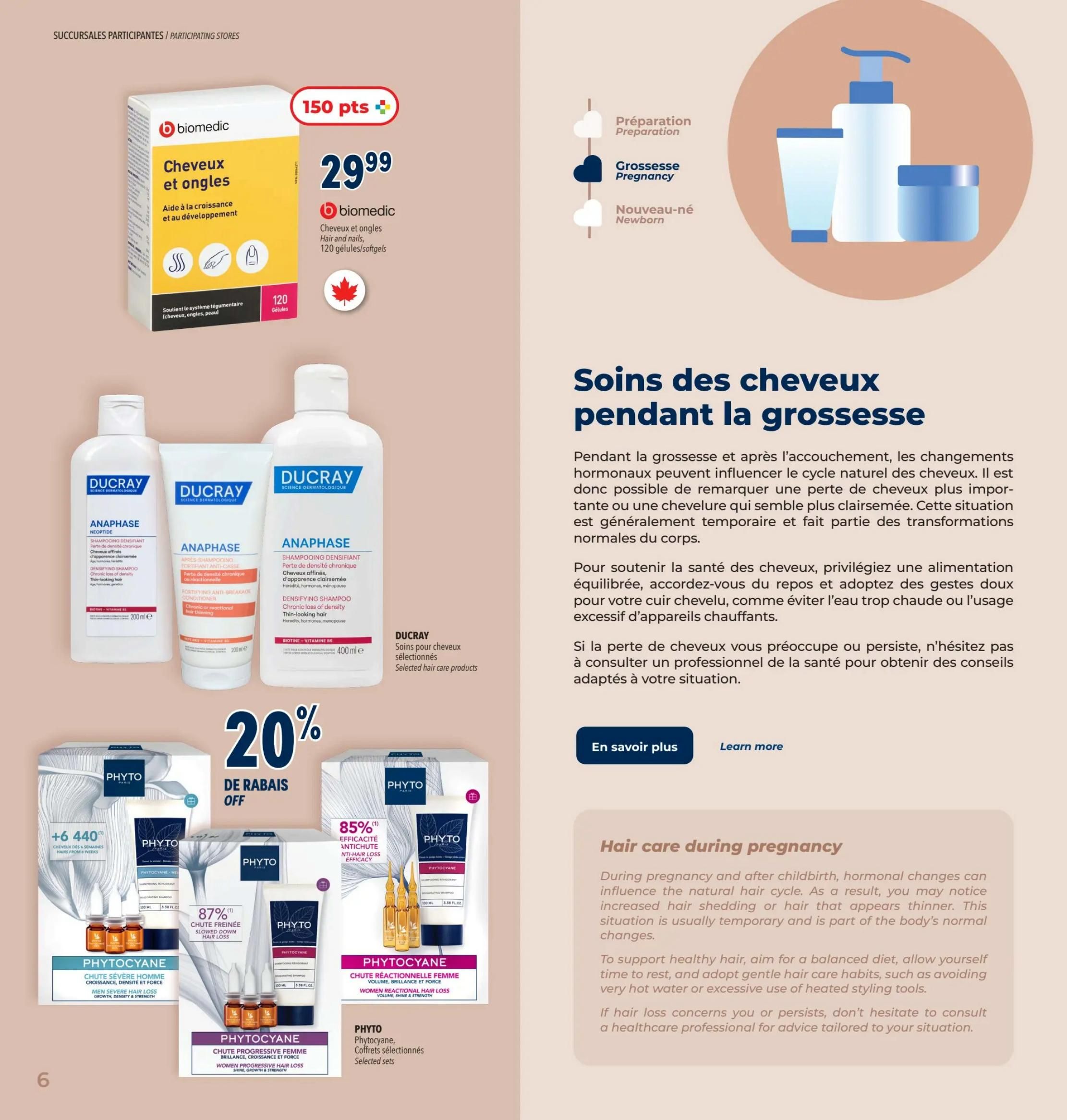 Familiprix weekly flyer specials page 8. Featured are Biomedic Hair and Nails supplements, 120 softgels for $29.99, earning 150 points. Also on sale are Ducray Anaphase hair care products. Additionally, enjoy 20% off selected Phyto Phytocyane hair loss treatments, including sets for men and women, with offers like 85% efficacy against hair loss and 87% for slowed-down hair loss. The page also includes information on hair care during pregnancy, discussing hormonal changes and hair shedding, with advice on diet, rest, and gentle hair care practices.