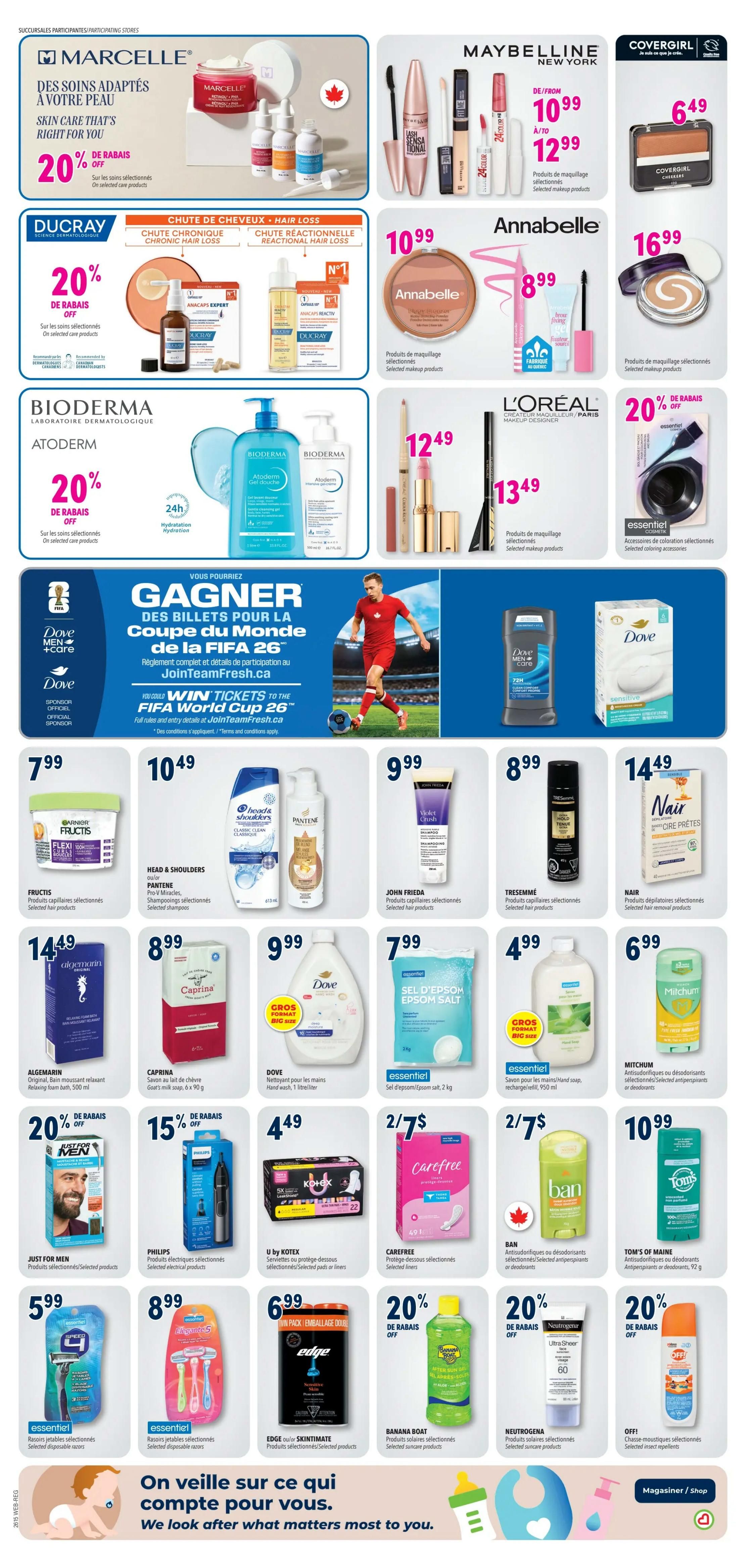 Familiprix flyer page 19 featuring a wide range of beauty, personal care, and health products. Highlights include Marcelle skincare with 20% off selected items, Ducray hair loss treatments with 20% off, and Bioderma Atoderm skincare with 20% off. Featured makeup brands include Maybelline New York with selected products from $10.99 to $12.99, Annabelle makeup from $10.99 to $16.99, Covergirl cheekers for $6.49, and L'Oréal makeup designer products from $12.49 to $13.49. Also on offer are Essentiel selected makeup accessories at 20% off. Hair care products include Fructis, Head & Shoulders, Pantene Pro-V Miracles, John Frieda, and Nair hair removal products. Personal care items include Algemarin relaxing foam bath for $14.49, Caprina goat's milk soap for $8.99, Dove hand wash in a large 1-litre format for $9.99, and Epsom salt for $7.99. Other featured brands are Just for Men shaving products with 20% off, Philips electrical products with 15% off, U by Kotex pads or liners for $4.49, Carefree selected liners for 2 for $7, Ban antiperspirant/deodorant for 2 for $7, and Tom's of Maine antiperspirant/deodorant for $10.99. Also available are Edge Skintimate products for $6.99, Banana Boat sunscreen products with 20% off, Neutrogena selected skincare products, and Off! insect repellents with 20% off. The page also promotes a chance to win tickets to the FIFA World Cup 26 with Dove Men+Care and Dove as official sponsors.