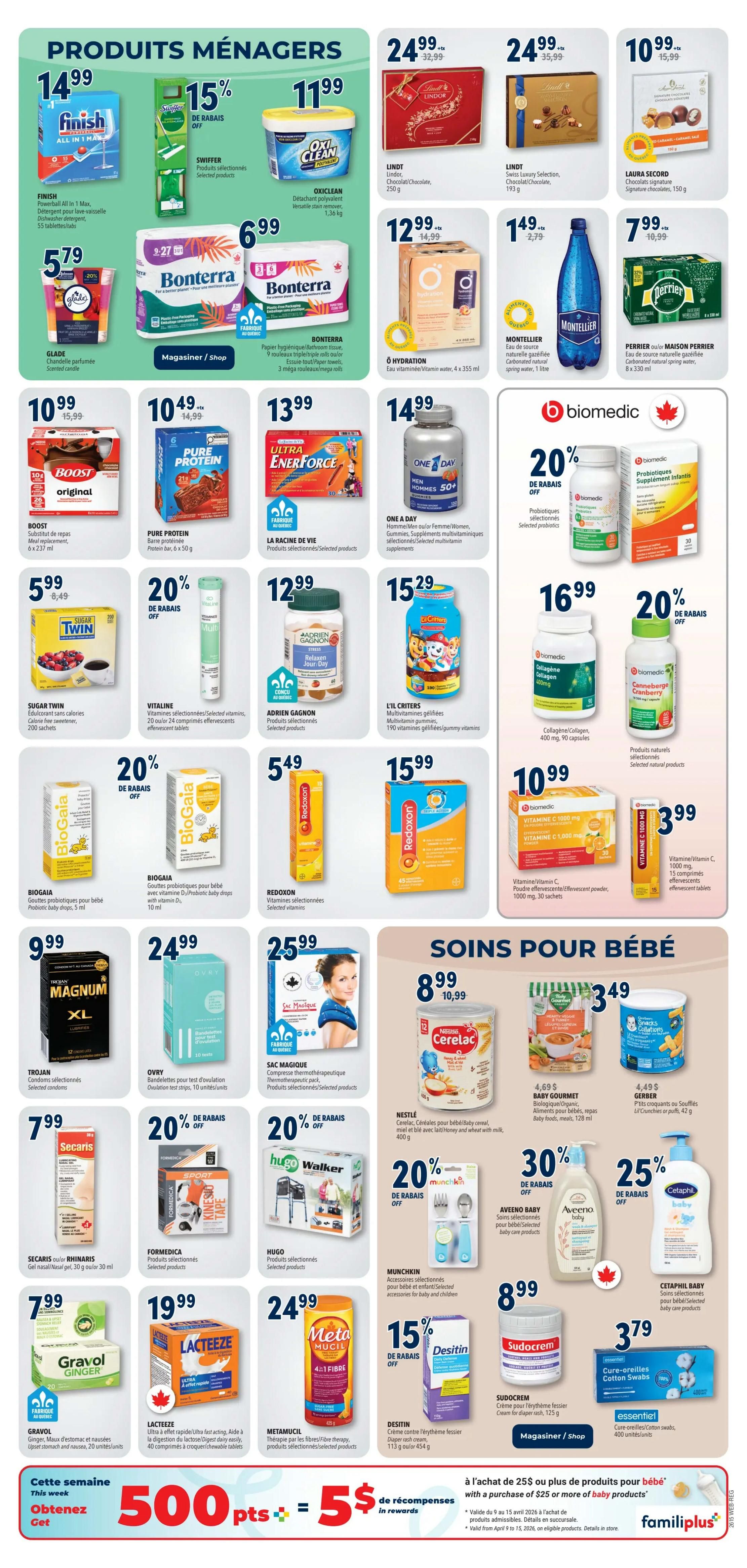 Familiprix weekly flyer specials page 20 features household products and baby care items. Household products include Finish All in 1 Max detergent for $14.99, Swiffer products on sale with 15% off, and OxiClean versatile cleaner for $11.99. Bonterra bathroom tissue is available for $6.99. Lindt chocolate boxes are priced at $24.99 each, and Laura Secord chocolates are $10.99. Boost original drinks are $10.99, Pure Protein bars are $10.49, and Ultra Enforce products are $13.99. Glade scented candles are $5.79 with 20% off. Sugar Twin calorie-free sweetener is $5.99. Vitamine drops are 20% off. Adrien Gagnon vitamins are $12.99. L'il Critters gummy vitamins are $15.29. BioGaia probiotic drops for babies are $5.49. Redoxon vitamins are $15.99. Magnum XL condoms are $9.99. Ovry ovulation test strips are $24.99. Sac Magique thermotherapeutic pack is $25.99. Secaris condoms are $7.99. Formedica Kinesio tape is on sale with 20% off. Hugo Walker products are selected. Gravol ginger for upset stomach and nausea is $7.99. Lacteeze chewable tablets are $19.99. Metamucil fibre therapy is $24.99. Baby care items include Nestle Cerelac baby cereal for $8.99. Baby Gourmet organic baby food meals are $4.69. Gerber puffs are $4.49. Aveeno Baby products are 30% off. Cetaphil Baby products are 25% off. Munchkin baby accessories are selected. Biomedic probiotics are 20% off. Biomedic collagen supplements are $16.99. Biomedic Vitamin C effervescent tablets are $10.99 and $3.99. Sudocrem diaper rash cream is $8.99. Essentiel cotton swabs are $3.79. This week, get 500 reward points with a purchase of $25 or more in baby products.