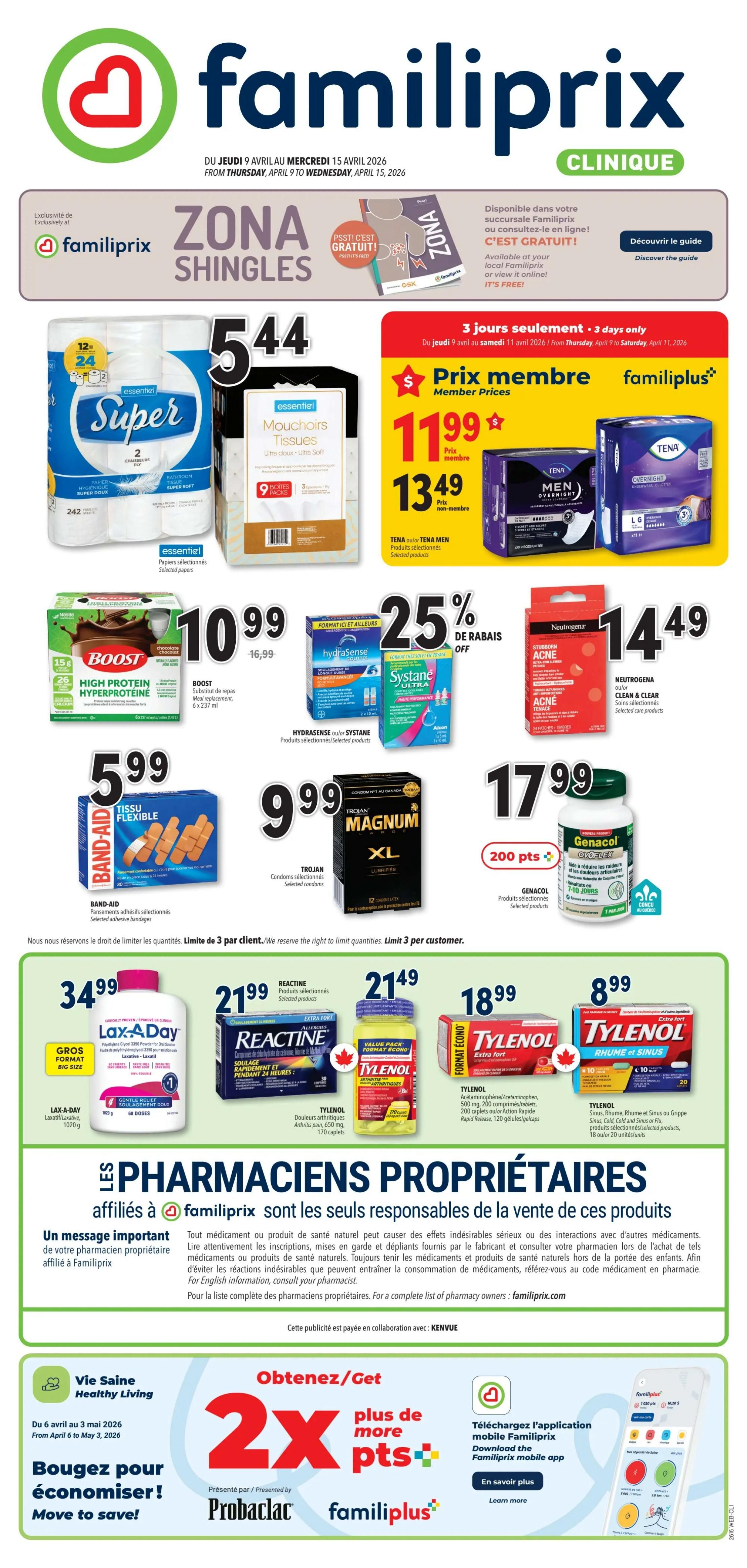 Familiprix flyer, page 1, featuring a promotion on Zona Shingles treatment. Essential Super bathroom tissue is $5.44. Essential Ultra Soft Tissues are $11.99. Boost High Protein Hyperprotein drink is $10.99. Hydrasense or Systane Ultra eye drops are 25% off. Neutrogena Acne products are $14.49. Band-Aid Flexible Fabric bandages are $5.99. Trojan Magnum XL Lubricated condoms are $9.99. Genacol 200 capsules are $17.99. Lax-A-Day Gentle Relief laxative is $34.99. Reactine Allergy Relief is $21.99. Tylenol Extra Strength tablets are $21.49. Tylenol Rapid Release Gelcaps are $18.99. Tylenol Sinus, Rhume et Sinus or Grippe capsules are $8.99. The flyer also highlights a 'Get 2X more pts' offer with Probioclar and Familiprix, and encourages downloading the Familiprix mobile app. The validity dates are April 9 to April 15, 2026.