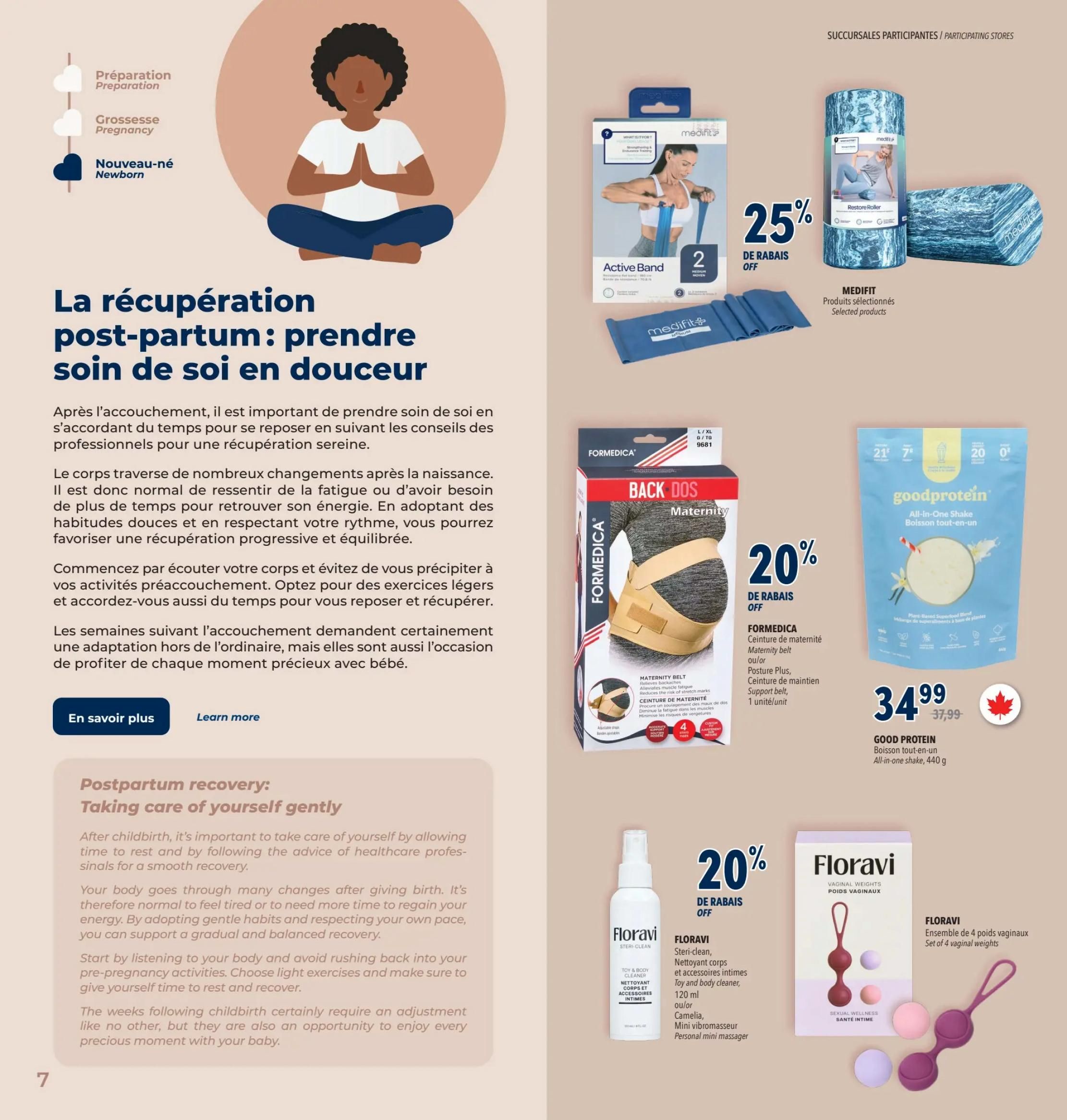 Familiprix flyer page 9 features postpartum recovery tips and products. It highlights Medifit products with 25% off, including an Active Band and a Restore Roller. Also featured is a Formedica Maternity Belt, on sale for 20% off. Good Protein All-in-One Shake (440 g) is available for $34.99, down from $37.99. Floravi products are also on sale for 20% off, including a Steri-clean Toy and Body Cleaner (120 ml) and a Set of 4 Vaginal Weights. The page includes advice on taking care of yourself gently after childbirth.