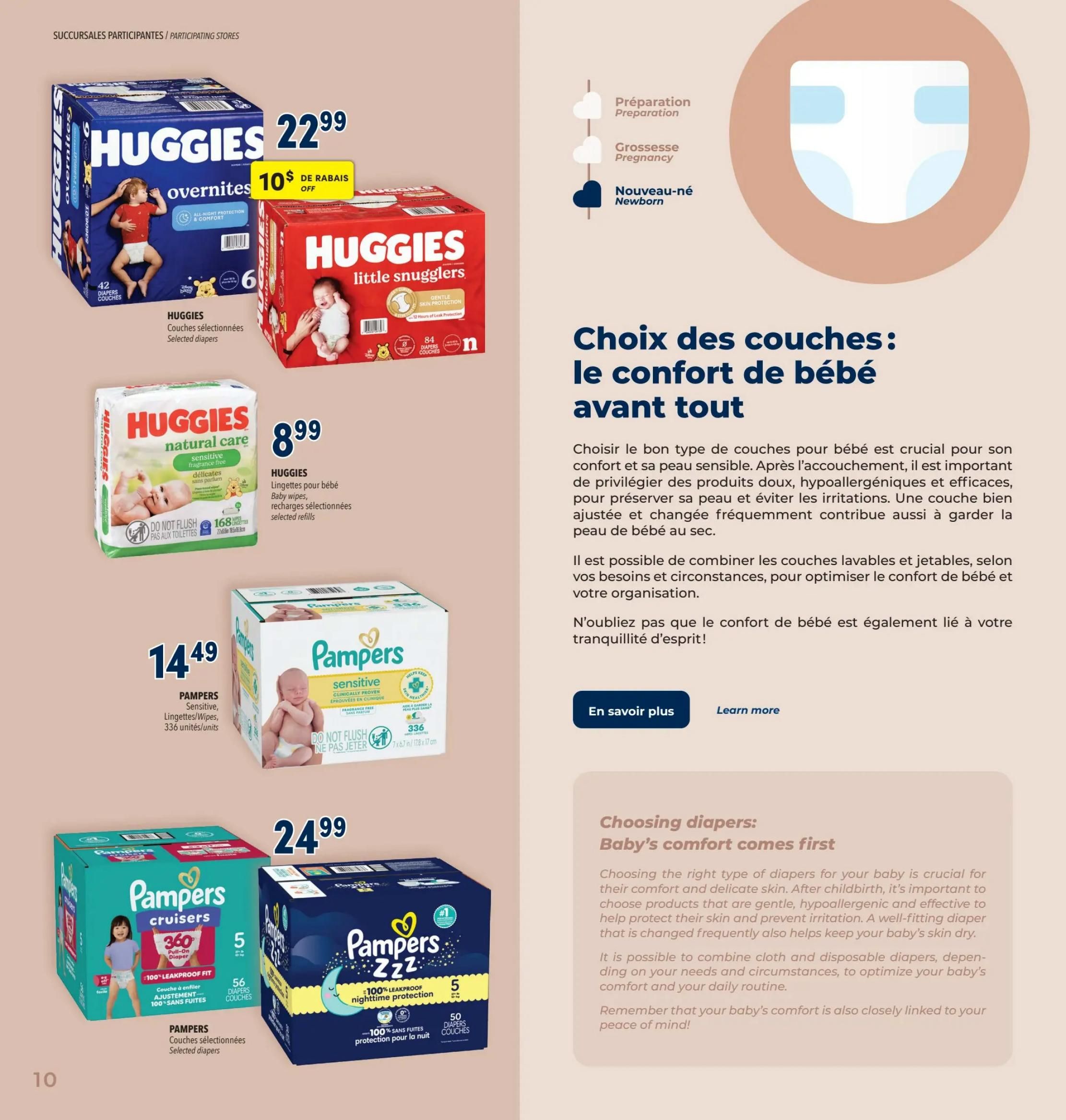 Familiprix flyer page 12 features a selection of baby diapers. Huggies Overnites diapers are $22.99 with a $10 off coupon. Huggies Little Snugglers are also available. Huggies Natural Care wipes are $8.99. Pampers Sensitive wipes, 336 units, are $14.49. Pampers Cruisers diapers, 56 count, are $24.99. The page also includes information on choosing the right diapers for baby's comfort.