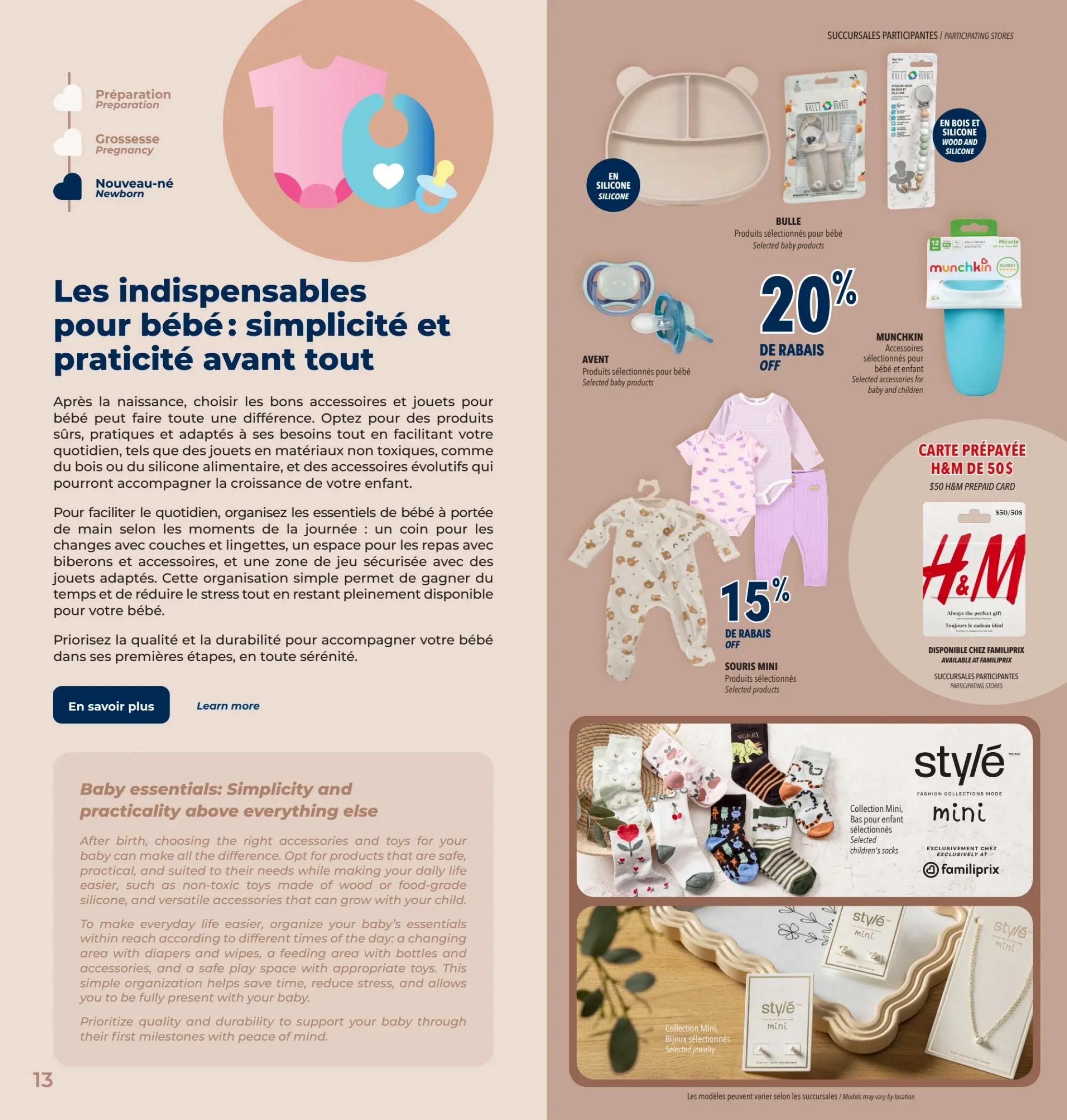 Familiprix flyer page 15 features 'Baby essentials: Simplicity and practicality above all else.' The page highlights various baby products including a silicone bib and plate set, Bulle brand selected baby products like cutlery and pacifier clips, and Munchkin accessories. There is a 20% discount on selected Avent baby products and a 15% discount on Souris Mini selected clothing items. Also featured is a $50 H&M prepaid card available at Familiprix. The bottom section showcases 'Style Mini' collection featuring selected children's socks and jewelry, exclusively at Familiprix. The page includes text about choosing safe, practical, and durable baby products to simplify daily life and support baby's milestones.