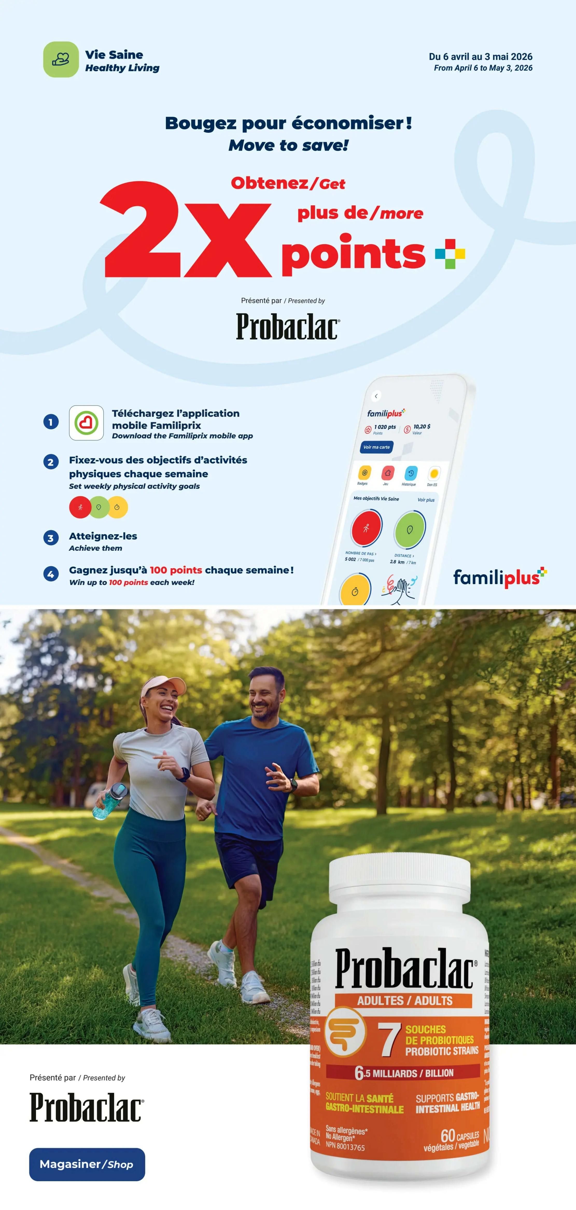 Familiprix flyer page 17, promoting the 'Move to save!' campaign with 'Get 2X more points' offer, presented by Probaclac. The page details how to earn points by downloading the Familiprix mobile app, setting weekly physical activity goals, achieving them, and winning up to 100 points each week. It features an image of a couple jogging in a park and a bottle of Probaclac 7 Adults probiotics, containing 6.5 billion probiotic strains that support gastro-intestinal health. The product is allergen-free and comes in a bottle of 60 vegetable capsules. The promotion is valid from April 6 to May 3, 2026.
