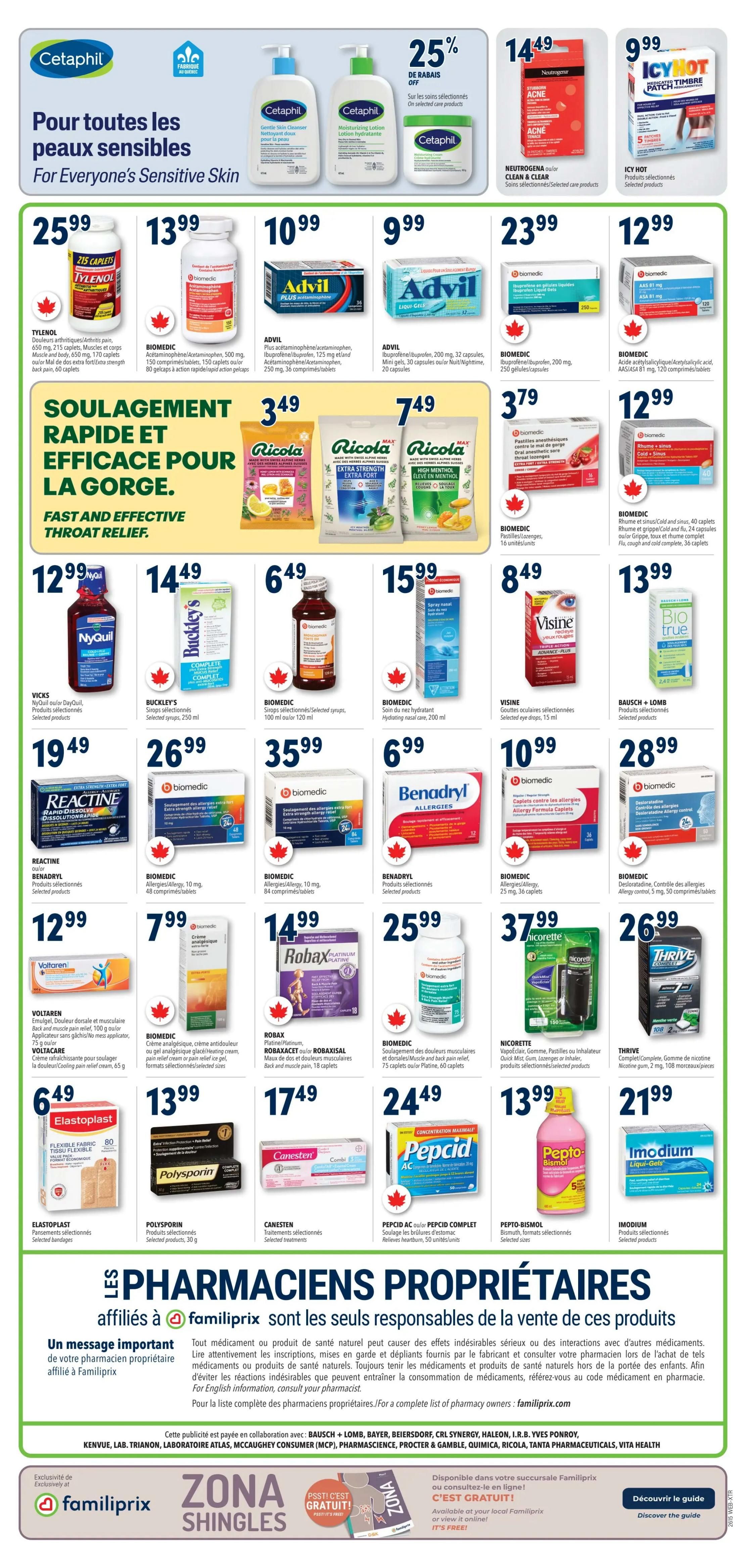 Familiprix flyer page 18 features a selection of health and wellness products. Cetaphil products for sensitive skin are highlighted with a 25% discount on selected items. Featured medications include Tylenol Extra Strength Caplets for $25.99, Advil Plus Ibuprofen/Acetaminophen Caplets for $10.99, Advil Ibuprofen/Acetaminophen Liqui-Gels for $9.99, and Advil Ibuprofen/Acetaminophen Tablets for $12.99. For throat relief, Ricola bags are on sale for $3.49 and $7.49. Other featured products include NyQuil/DayQuil for $12.99, Buckley's Syrup for $14.49, Biomedic Cough Syrup for $6.49, Biomedic Hydrating Nasal Spray for $15.99, Vistine Eye Drops for $8.49, and Bausch + Lomb Bio True Contact Lens Solution for $12.99. Pain relief options include Voltaren Emulgel for $12.99, Biomedic Muscle and Back Pain Relief for $26.99, Robax Platinum/Robaxacet for $14.99, and Biomedic Muscle and Back Pain Relief Caplets for $25.99. First aid supplies include Elastoplast Bandages for $6.49, Polysporin Ointment for $13.99, Canesten Cream for $17.49, and Pepcid AC/Complete for $24.49. Also available are Pepto-Bismol for $13.99 and Imodium Liqui-Gels for $21.99. Benadryl Allergy products are featured at $6.99 and $10.99. Nicorette Gum and Lozenges are $37.99, and Thrive Complete Nicotine Gum is $26.99. The page also includes a message about proprietary pharmacists affiliated with Familiprix.