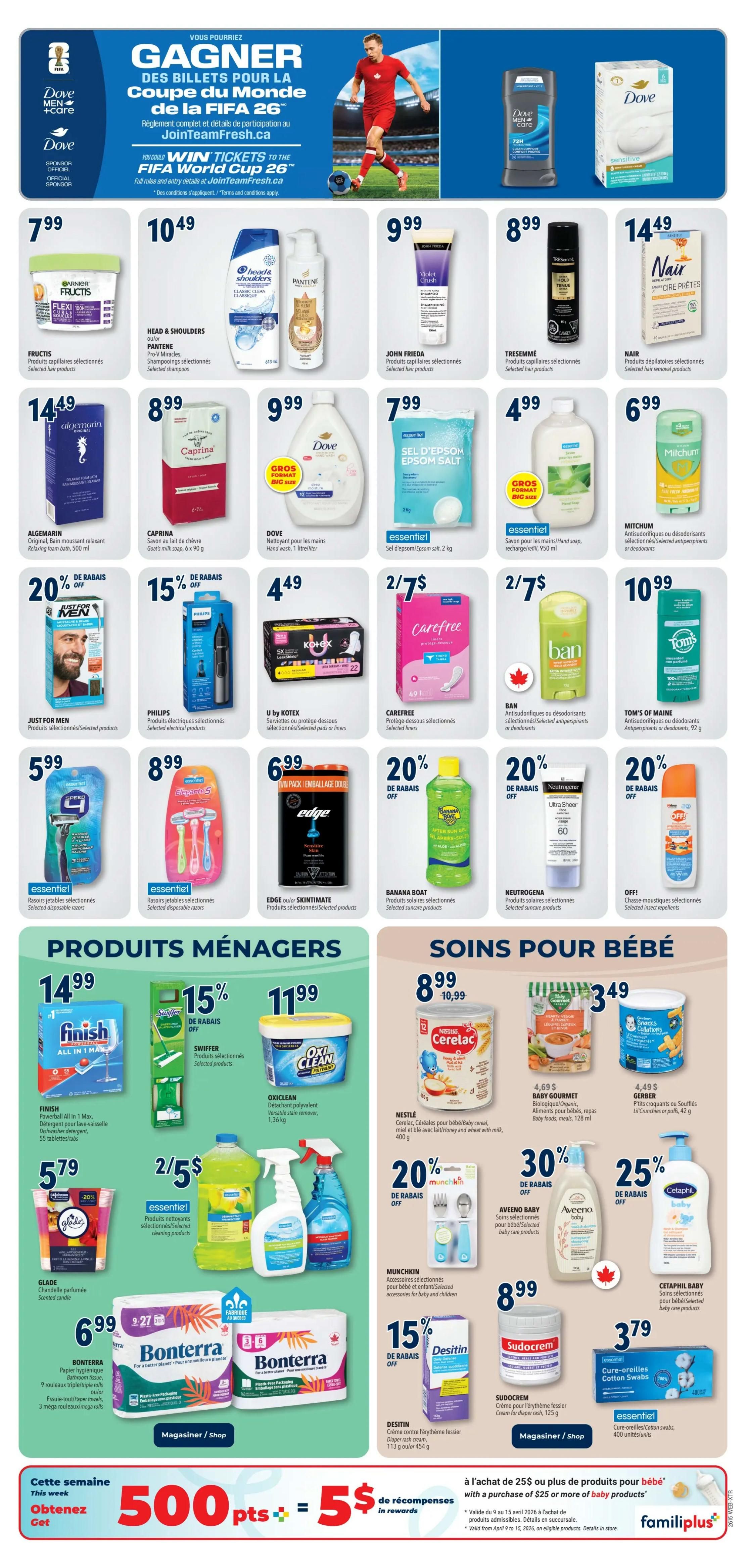 Familiprix flyer page 20 featuring a FIFA World Cup 26 ticket giveaway. Products include Garnier Fructis hair products for $7.99, Head & Shoulders and Pantene shampoos for $10.49, John Frieda hair products for $9.99, TRESemmé hair products for $8.99, and Nair hair removal products for $14.49. Also available are Algemarin relaxing bath foam for $14.49, Caprina goat's milk soap for $8.99, Dove hand wash for $9.99, and Mitchum antiperspirants for $6.99. Just For Men products are $4.49 with 20% off. Philips electrical products are $4.49. U by Kotex pads and liners are $4.49. Carefree panty liners are 2 for $7. Ban antiperspirants are 2 for $7. Tom's of Maine antiperspirants are $10.99. Finish All In 1 Max dishwasher detergent is $5.99. Edge disposable razors are $6.99. Banana Boat sun care products are 20% off. Neutrogena Ultra Sheer sunscreen is 20% off. OFF! insect repellents are 20% off. Household cleaning products include Swiffer products at $11.99 with 15% off, and OxiClean stain remover for $11.99. Glade scented candles are $5.79. Bonterra triple/mega rolls bathroom tissue is $6.99. Baby care items include Nestlé Cerelac cereal for $8.99, Baby Gourmet organic baby food for $4.69, Gerber Puffs or Soothers for $4.49, Munchkin baby accessories for 20% off, Aveeno Baby products for 30% off, Cetaphil Baby products for 25% off, Desitin diaper rash cream for $15 off, and Sudocrem cream for $8.99. Cure-all cotton swabs are $3.79. This week, get 500 points for $5 in rewards with a purchase of $25 or more in baby products.