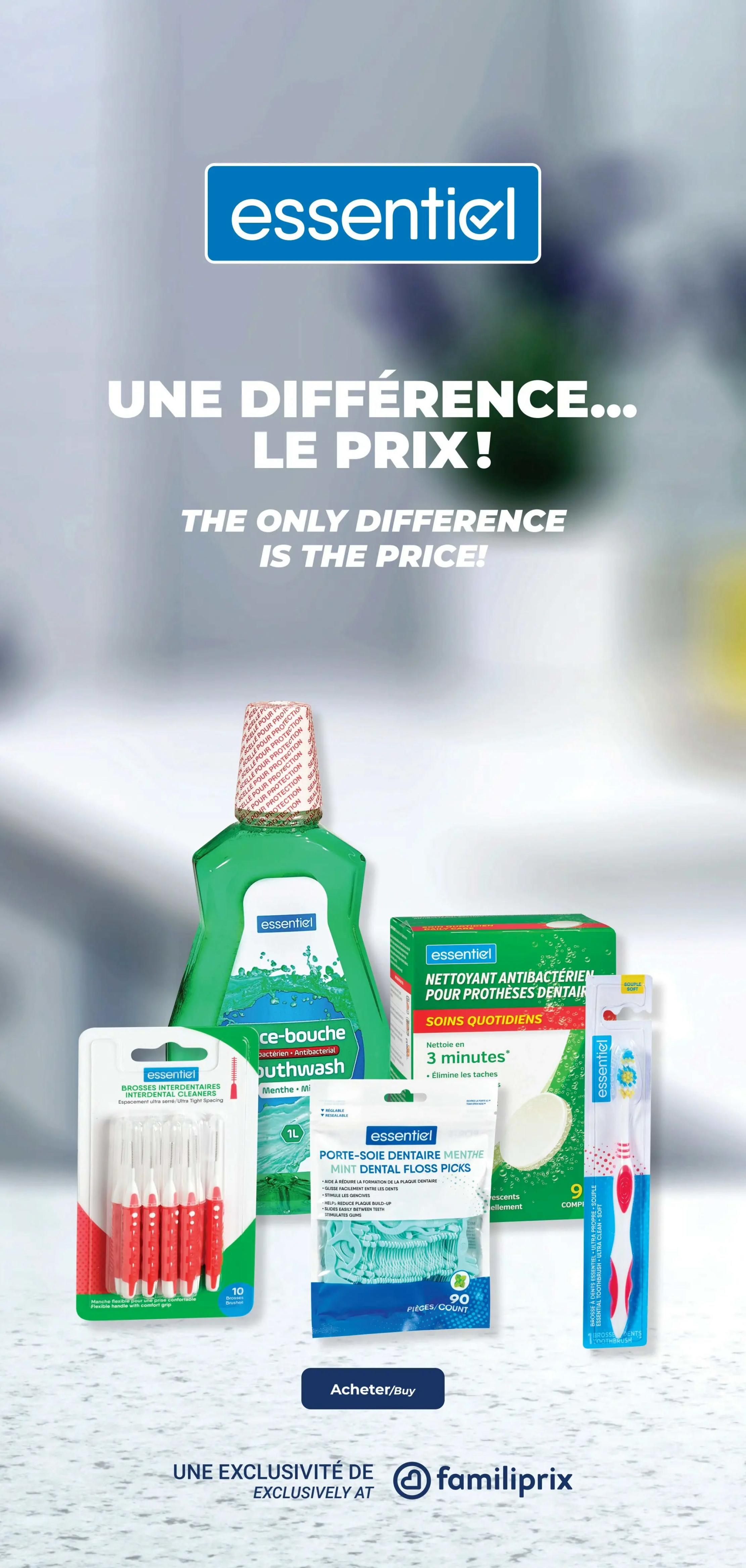 Familiprix flyer page 21 featuring Essentiel brand oral care products. The page highlights 'The only difference is the price!' and showcases Essentiel antibacterial mouthwash, 1L size, in mint flavour. Also featured are Essentiel interdental brushes, 10 count, for tight spacing, and Essentiel mint dental floss picks, 90 count, designed to reduce plaque and stimulate gums. A box of Essentiel antibacterial denture cleaner is shown, promising results in 3 minutes. A red and white Essentiel toothbrush with a soft head is also displayed. The page emphasizes that these products are exclusively available at Familiprix.