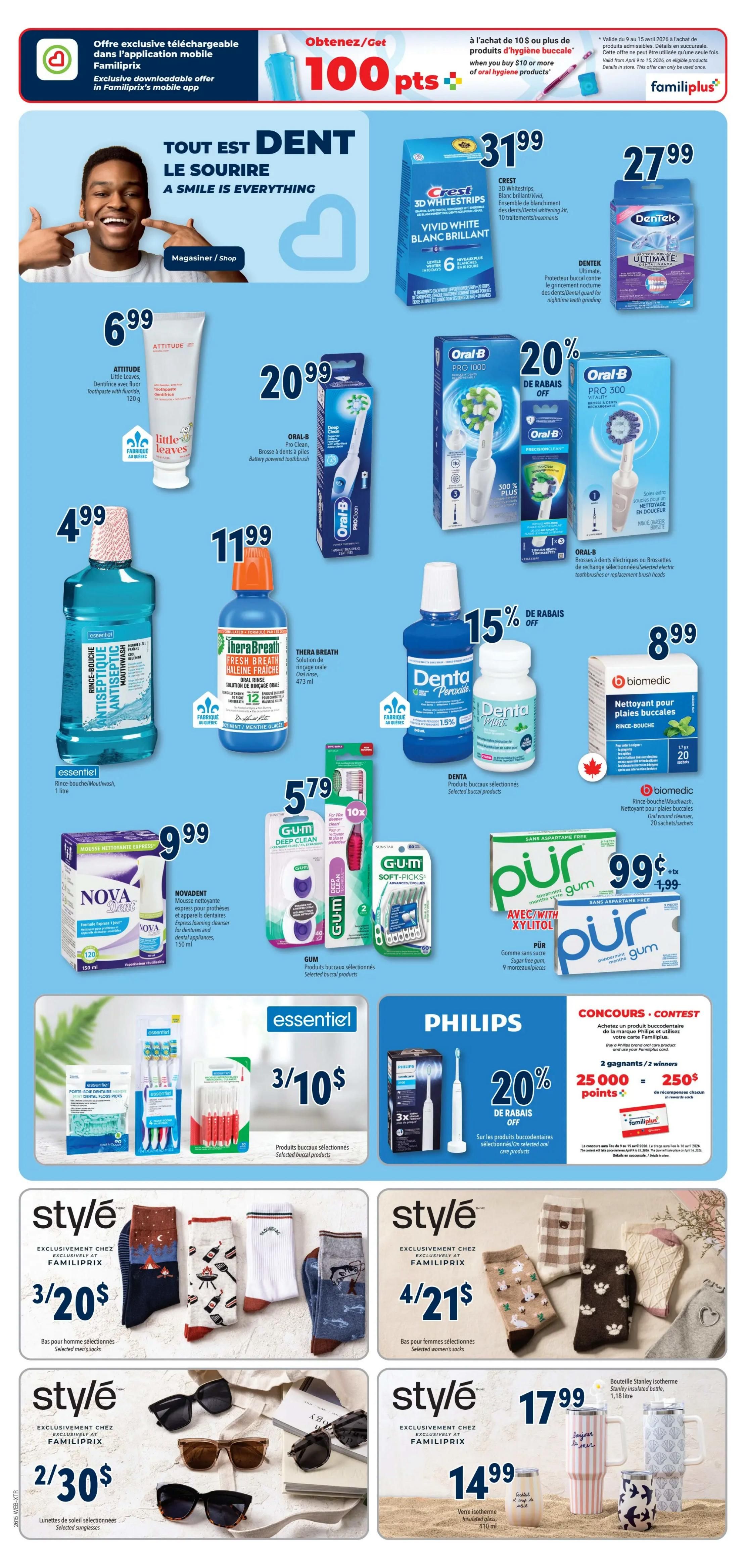 Familiprix flyer page 22 featuring a wide range of dental care products and accessories. Offers include Crest 3D Whitestrips Vivid White for $31.99, Dentek Ultimate protective dental guard for $27.99, and Attitude Little Leaves toothpaste for $6.99. Oral-B Pro 1000 and Pro 300 battery-powered toothbrushes are available for $20.99 each, with a 20% discount on selected Oral-B dental care products. TheraBreath Fresh Breath mouthwash is $11.99, and Denta Peroxide mouthwash is on sale with a 15% discount. Essential brand mouthwash is 3 for $10, and Novadent express foaming cleanser is $9.99. Gum products, including Deep Clean and Soft-Picks, are featured at $5.79. Pur gum is available for 99 cents plus tax, with a limit of 20. Philips Sonicare toothbrushes are on sale with a 20% discount. Also featured are style'é men's socks at 3 for $20, women's socks at 4 for $21, selected sunglasses at 2 for $30, and Stanley insulated bottles starting at $14.99. A contest offers a chance to win 25,000 Familiprix points.
