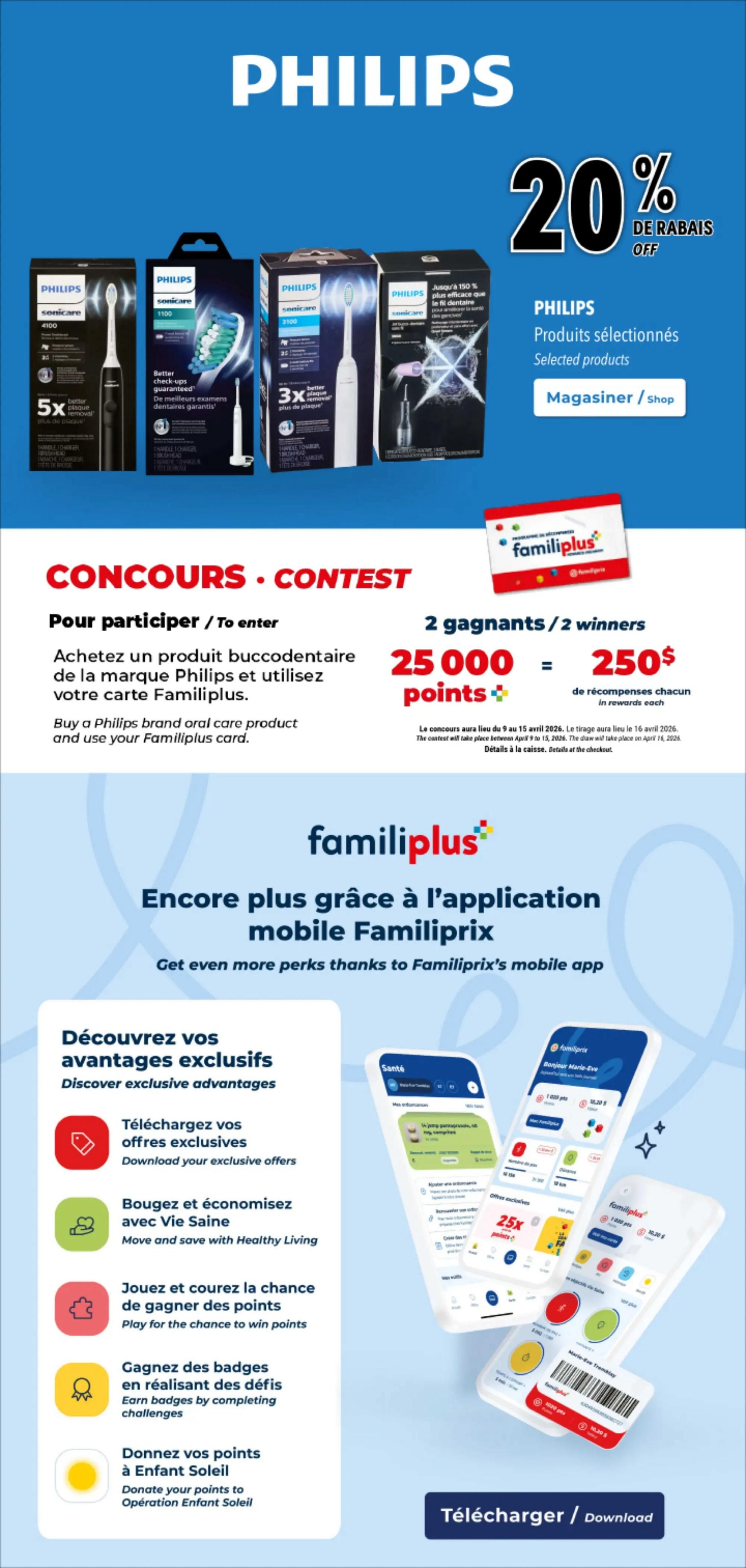Familiprix flyer page 23 featuring Philips oral care products with a 20% discount on selected items. The page highlights Philips Sonicare toothbrushes, including models 4100 and 3100, and mentions benefits like '5x better plaque removal' and 'better check-ups guaranteed.' A contest is announced where buying a Philips oral care product and using your Familiprix card enters you for a chance to win 25,000 points, equivalent to $250 in rewards each for 2 winners. The contest runs from April 9 to April 15, 2026, with the draw on April 16, 2026. The lower section promotes the Familiprix mobile app, encouraging users to 'Get even more perks' by downloading it to 'Discover exclusive advantages,' 'Download exclusive offers,' 'Move and save with Healthy Living,' 'Play for the chance to win points,' 'Earn badges by completing challenges,' and 'Donate your points to Opération Enfant Soleil.