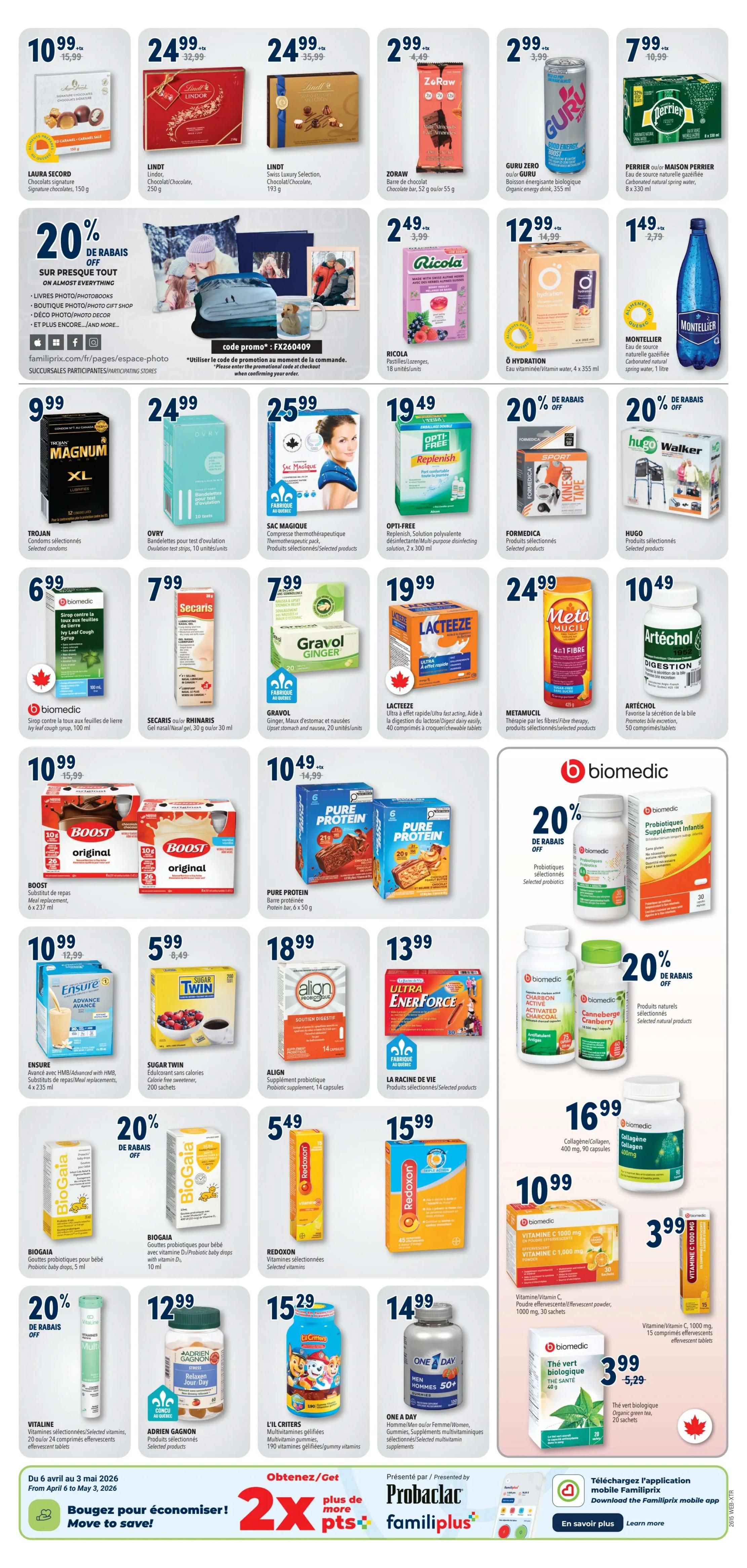 Familiprix flyer page 24 features a variety of health and wellness products. Top row includes Laura Secord Signature chocolates for $10.99, Lindt Lindor chocolates for $24.99, Lindt Luxury Selection chocolates for $24.99, Zoraw chocolate bar for $2.99, Guru Zero energy drink for $2.99, and Perrier carbonated natural spring water for $2.99. Other items include Ricola cough drops for $2.49, O Hydration vitamin water for $12.99, and Montellier natural spring water for $1.49. The middle section highlights a 20% off promotion on almost everything, with featured items like Trojan Magnum XL condoms for $9.99, Ovry ovulation test strips for $24.99, Sac Magique therapeutic compress pack for $25.99, and Opti-Free Replenish disinfecting solution for $19.49. Also available are Biomedic cough syrup for $6.99, Secaris nasal gel for $7.99, Gravol Ginger for $7.99, and Lacteeze ultra fast relief chewable tablets for $19.99. Further down, find Formedica kinesiology tape and Hugo Walker selected products, both with 20% off. Additional featured products include Boost meal replacement shakes for $10.99, Pure Protein bars for $10.49, Ensure meal replacements for $10.99, Sugar Twin sweetener for $5.99, Align probiotic supplement for $18.99, and La Racine de Vie selected products. Health supplements include Biogaia probiotic drops for $9.99, Redoxon selected vitamins for $5.49, Biomedic probiotics for children with 20% off, Biomedic activated charcoal and cranberry supplements with 20% off, Biomedic collagen for $16.99, and Biomedic Vitamin C effervescent powder for $10.49. Also on sale are L'il Critters gummy vitamins for $15.29, One A Day Men 50+ multivitamins for $14.99, and Biomedic organic green tea for $3.99. The bottom of the page promotes getting 2x plus more points with Proba-Clac Familiprix and downloading the Familiprix mobile app.