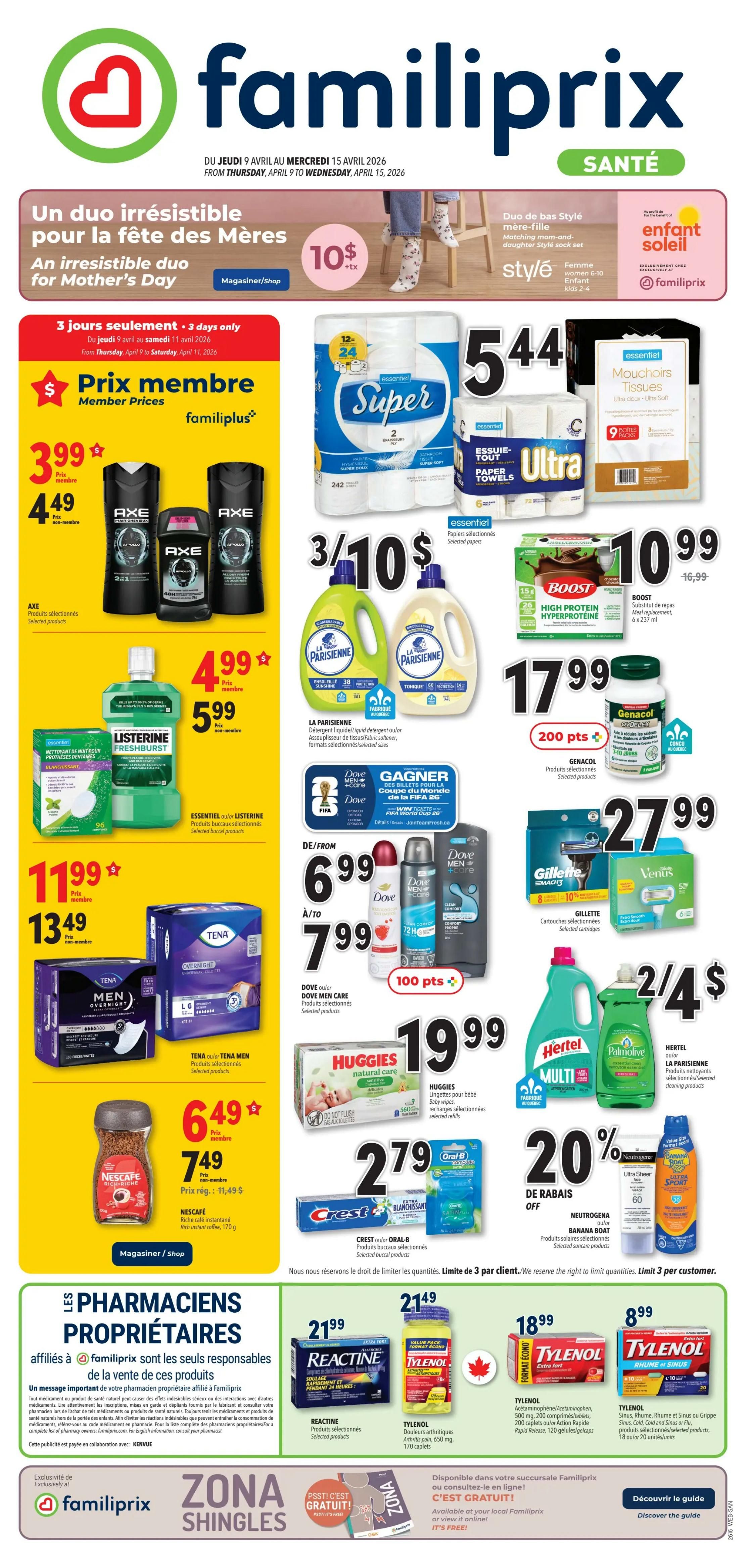 Familiprix flyer, page 1 of 5. Features an 'Irresistible duo for Mother's Day' promotion with a $10 offer. Member prices include Axe body spray and deodorant for $3.99 (non-member $4.49), and Listerine Freshburst mouthwash for $4.99 (non-member $5.99). Tena Men Overnight pads are $11.99 for members and $13.49 for non-members. Nescafe Rich Instant Coffee (170g) is $6.49 for members (non-member price $7.49, reg. $11.49). Super Essentials 2-ply bathroom tissue (12 rolls x 24) is $5.44. Ultra Essentials paper towels are 3 for $10. La Parisienne liquid laundry detergent is 3 for $10. Boost High Protein Meal Replacement (6x237ml) is $10.99 (reg. $16.99). Genacol products are $17.99 with 200 points. Dove Men Care body wash and deodorant are $6.99 to $7.99. Huggies Natural Care baby wipes are $19.99. Gillette Mach3 cartridges are $27.99. Venus razors are $27.99. Hertel and Palmolive cleaning products are 2 for $4. Neutrogena and Banana Boat sunscreen products are on sale with 20% off. Crest toothpaste and Oral-B dental floss are $2.79. Also featured are Reactine products for $21.99 and Tylenol products including Tylenol Arthritis (650mg, 170 caplets) for $21.49, Tylenol Extra Strength (500mg, 200 caplets) for $18.99, and Tylenol Rhume et Sinus (20 units) for $8.99.99.99. Familiprix Pharmacists are responsible for the sale of these products. Discover the guide and find out about ZONA shingles.
